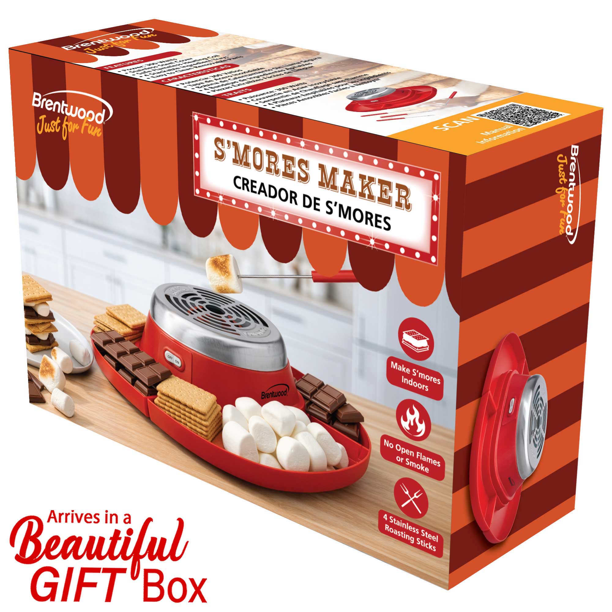 Brentwood TS-608R Indoor Electric Stainless Steel S’mores Maker with 4 Trays and 2 Roasting Forks, Red