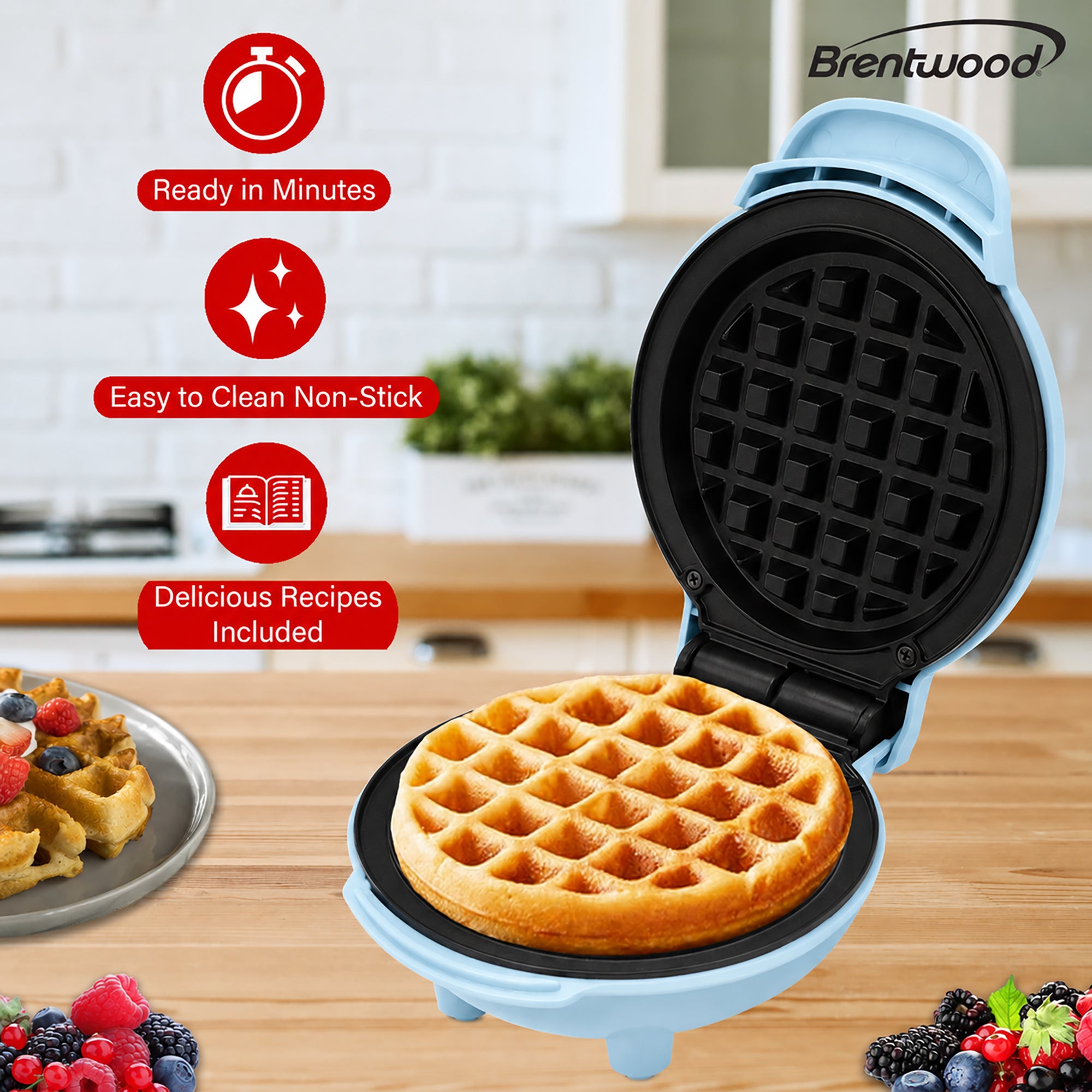 Brentwood TS-2141BL Non-Stick 5” Mini Maker for Waffles, Keto Chaffles, Hash Browns, and More, Blue