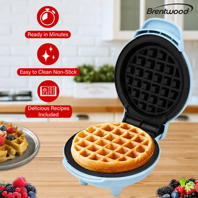 Brentwood TS-2141BL Non-Stick 5” Mini Maker for Waffles, Keto Chaffles, Hash Browns, and More, Blue