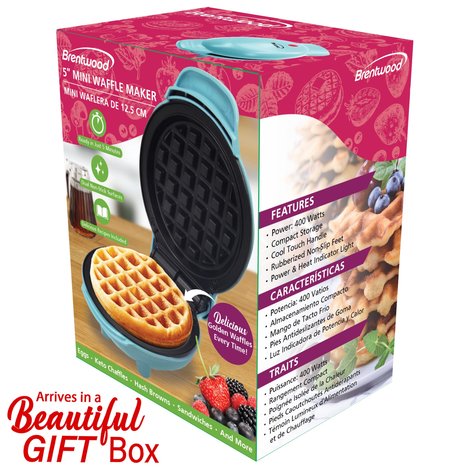 Brentwood TS-2141BL Non-Stick 5” Mini Maker for Waffles, Keto Chaffles, Hash Browns, and More, Blue
