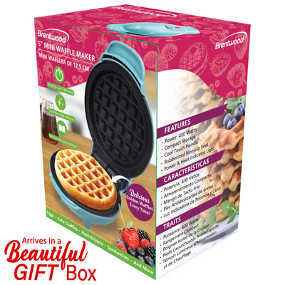 Brentwood TS-2141BL Non-Stick 5” Mini Maker for Waffles, Keto Chaffles, Hash Browns, and More, Blue