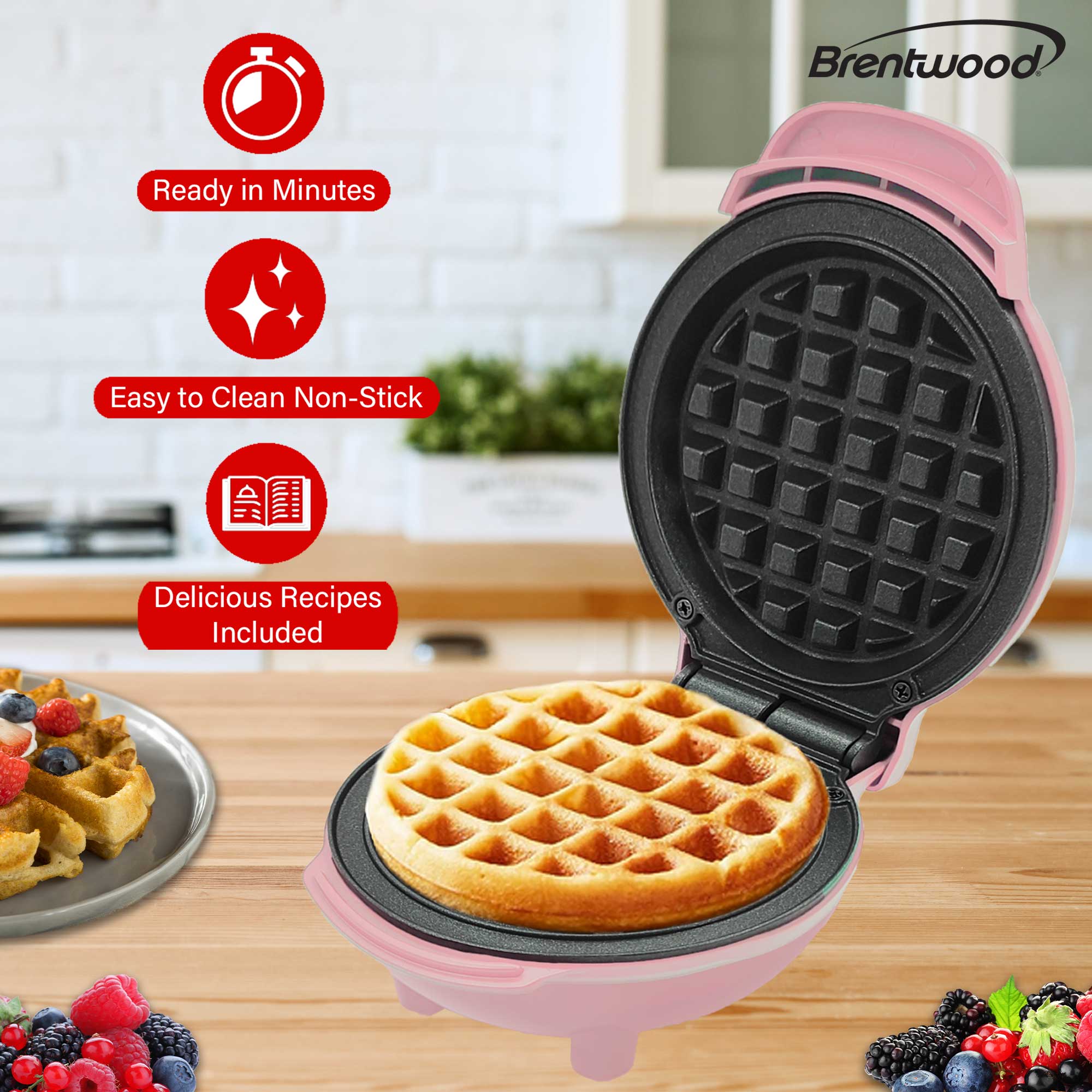 Brentwood TS-2141PK Non-Stick 5” Mini Maker for Waffles, Keto Chaffles, Hash Browns, and More, Pink