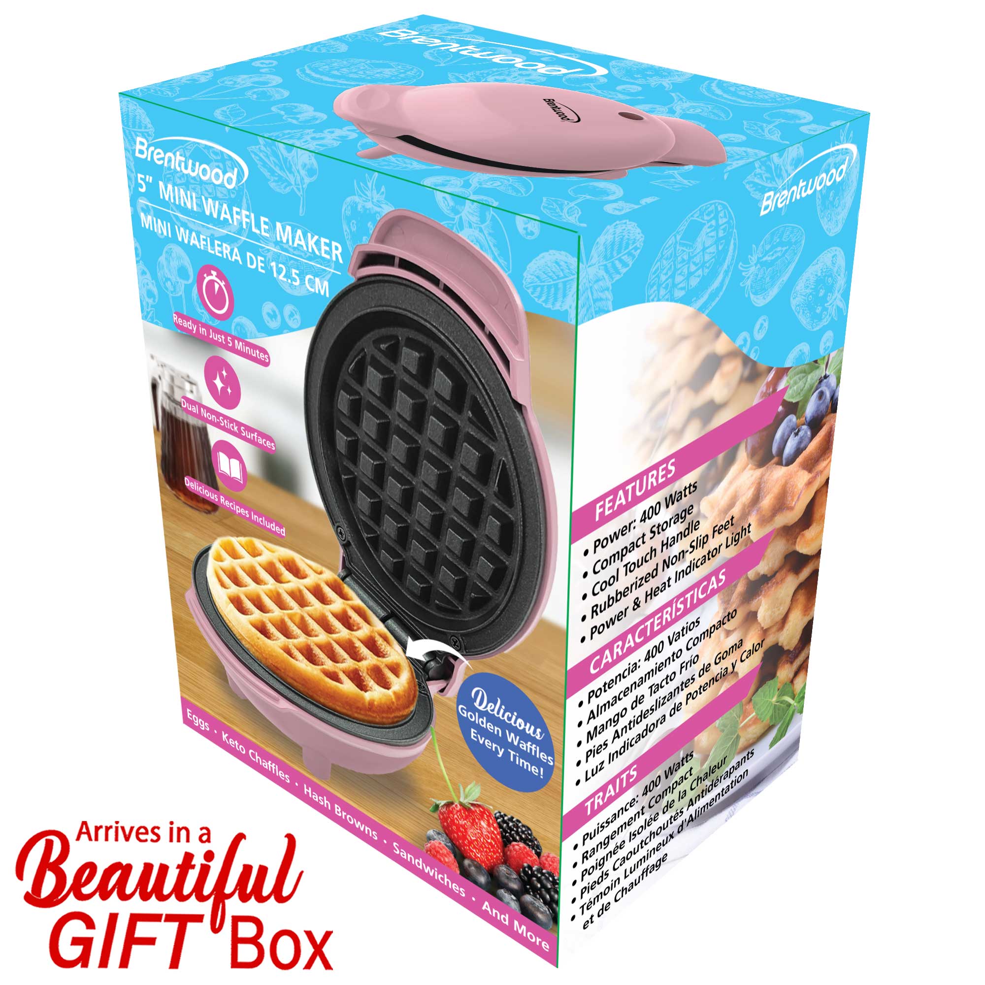 Brentwood TS-2141PK Non-Stick 5” Mini Maker for Waffles, Keto Chaffles, Hash Browns, and More, Pink