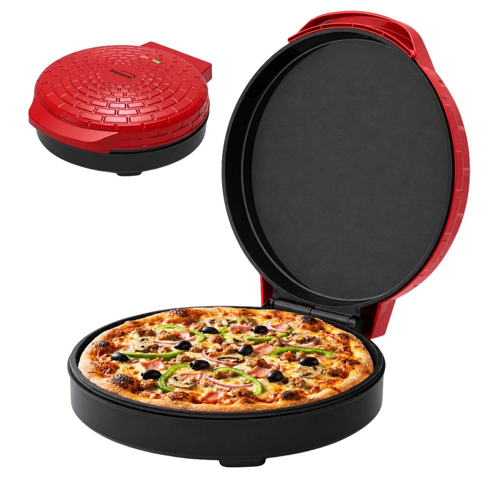Brentwood TS-123R 12-Inch Ceramic Non-Stick Pizza Maker and Griddle, Indicator Lights, Vertical Storage, Make Quesadillas, Omelets, Nachos, and More, Red