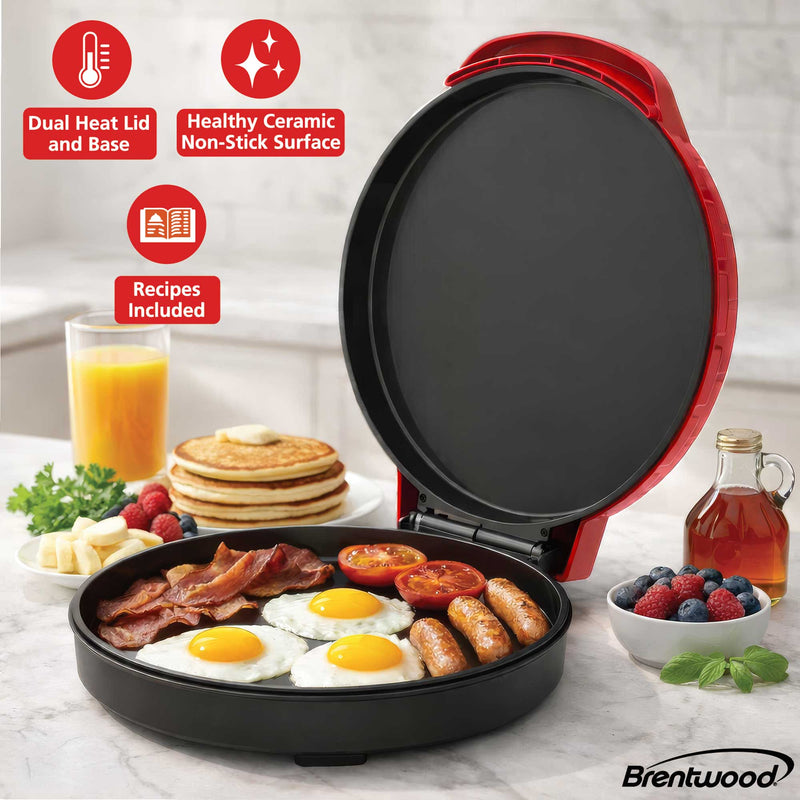 Brentwood TS-123R 12-Inch Ceramic Non-Stick Pizza Maker and Griddle, Indicator Lights, Vertical Storage, Make Quesadillas, Omelets, Nachos, and More, Red