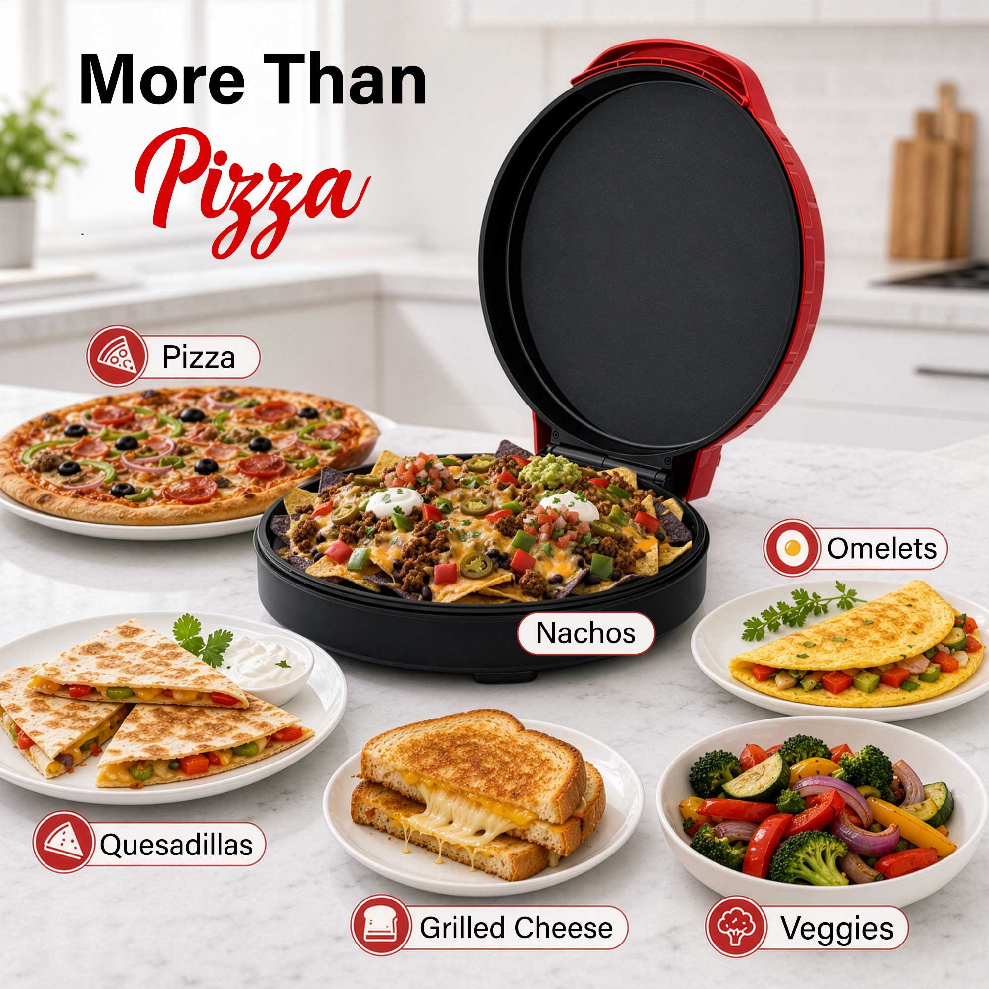 Brentwood TS-123R 12-Inch Ceramic Non-Stick Pizza Maker and Griddle, Indicator Lights, Vertical Storage, Make Quesadillas, Omelets, Nachos, and More, Red