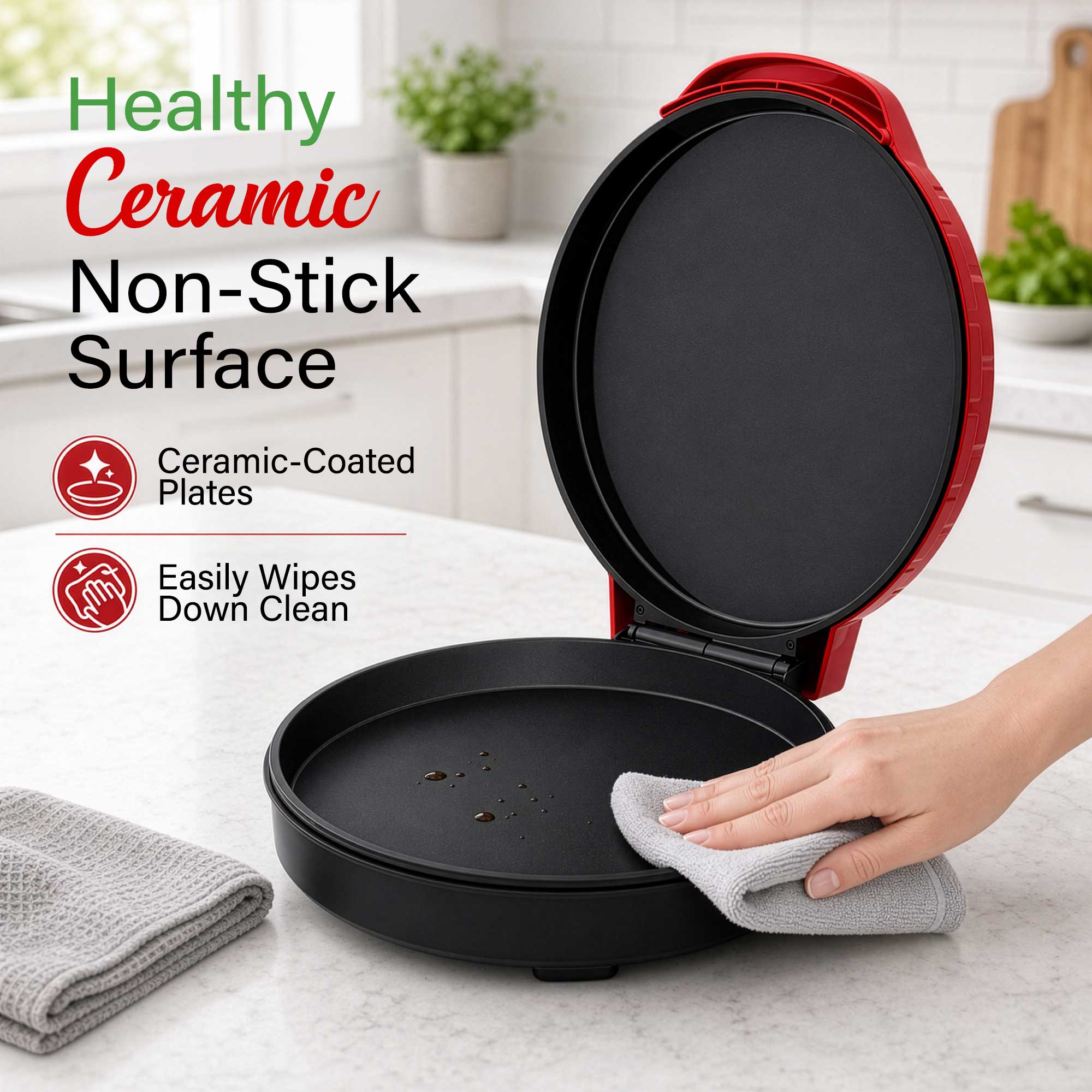 Brentwood TS-123R 12-Inch Ceramic Non-Stick Pizza Maker and Griddle, Indicator Lights, Vertical Storage, Make Quesadillas, Omelets, Nachos, and More, Red
