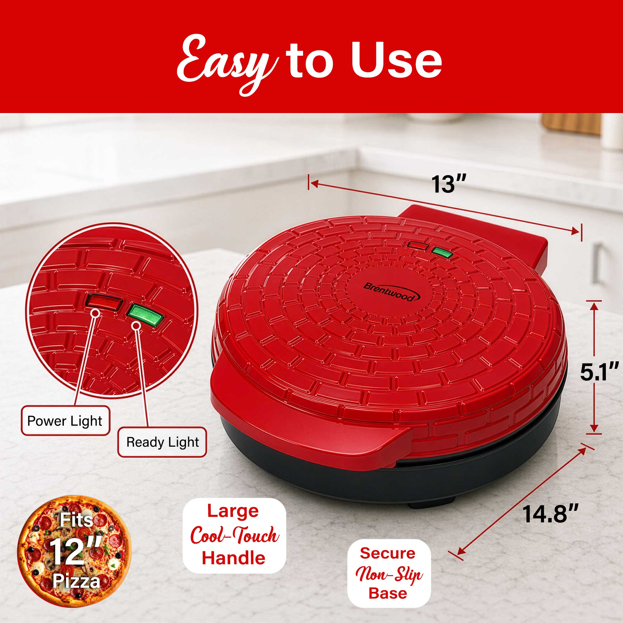 Brentwood TS-123R 12-Inch Ceramic Non-Stick Pizza Maker and Griddle, Indicator Lights, Vertical Storage, Make Quesadillas, Omelets, Nachos, and More, Red