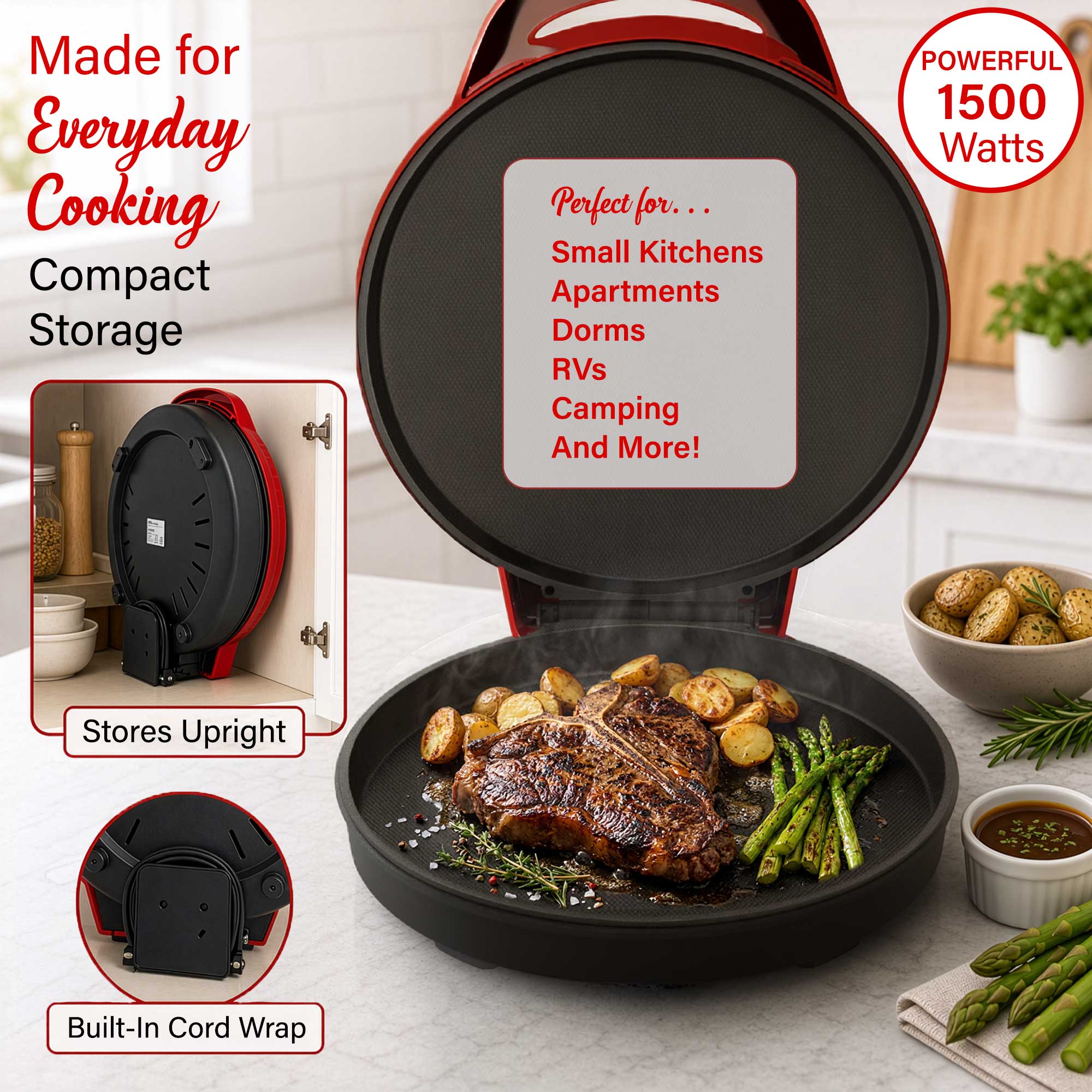 Brentwood TS-123R 12-Inch Ceramic Non-Stick Pizza Maker and Griddle, Indicator Lights, Vertical Storage, Make Quesadillas, Omelets, Nachos, and More, Red