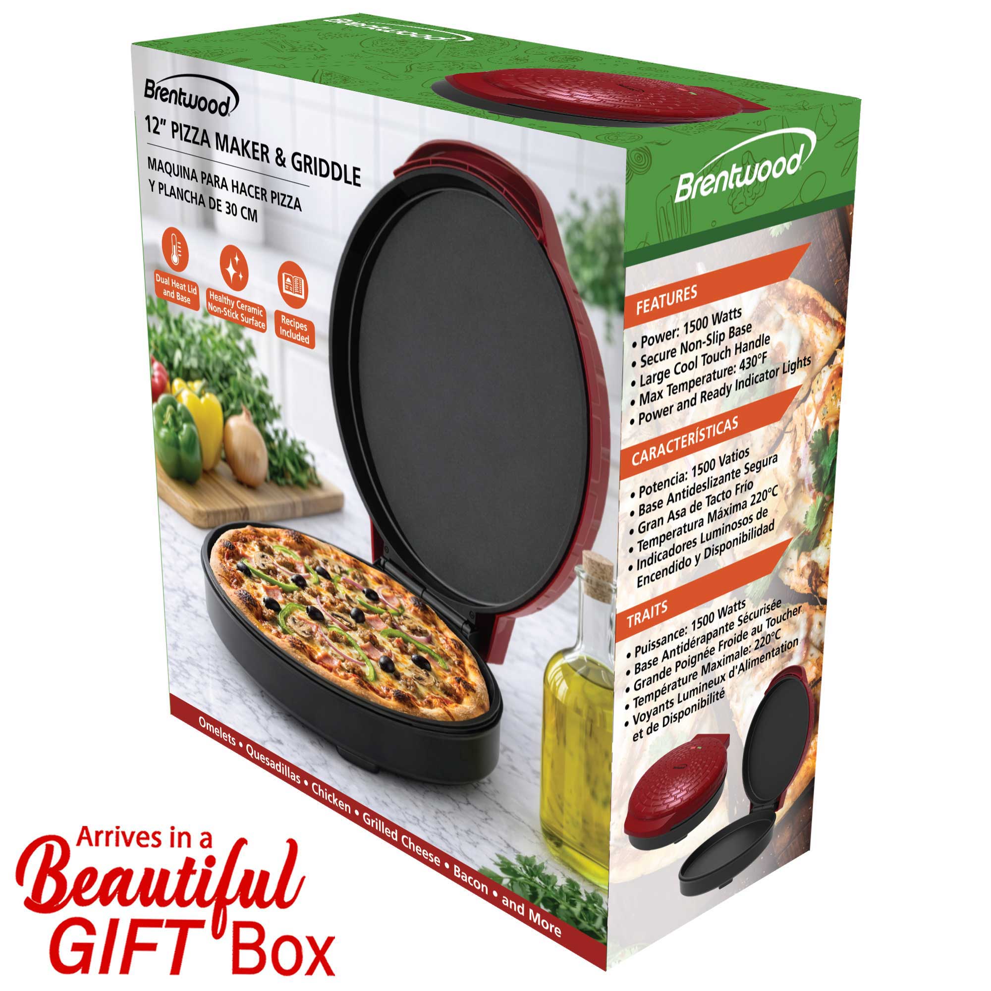Brentwood TS-123R 12-Inch Ceramic Non-Stick Pizza Maker and Griddle, Indicator Lights, Vertical Storage, Make Quesadillas, Omelets, Nachos, and More, Red