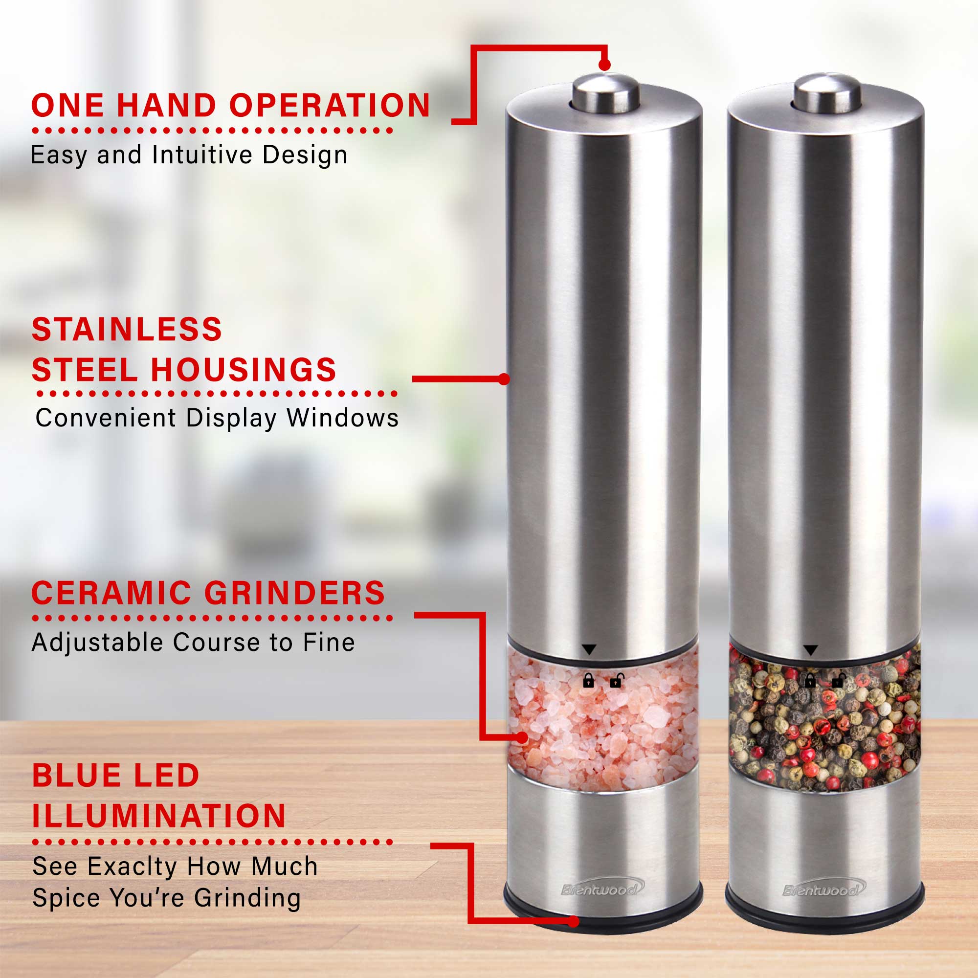 Brentwood SG-2321S Electric Blue LED Salt and Pepper Adjustable Ceramic Grinders, Stainless Steel