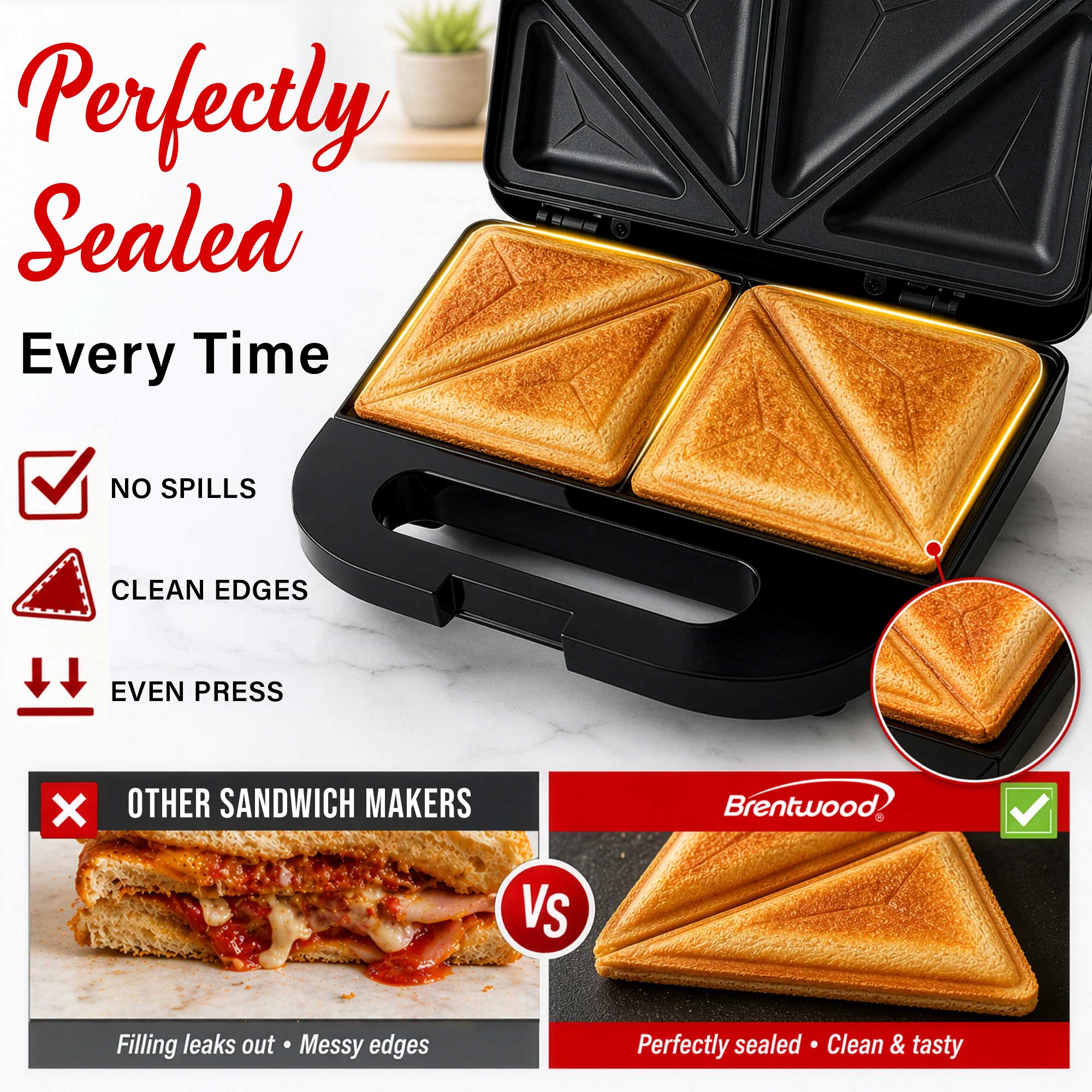 Coming Soon - Brentwood TS-241BK Electric Sealed Sandwich Maker Grill with PFAS-Free Nonstick Plates, Makes Stuffed French Toast, Omelets, Compact & Easy to Store, Black