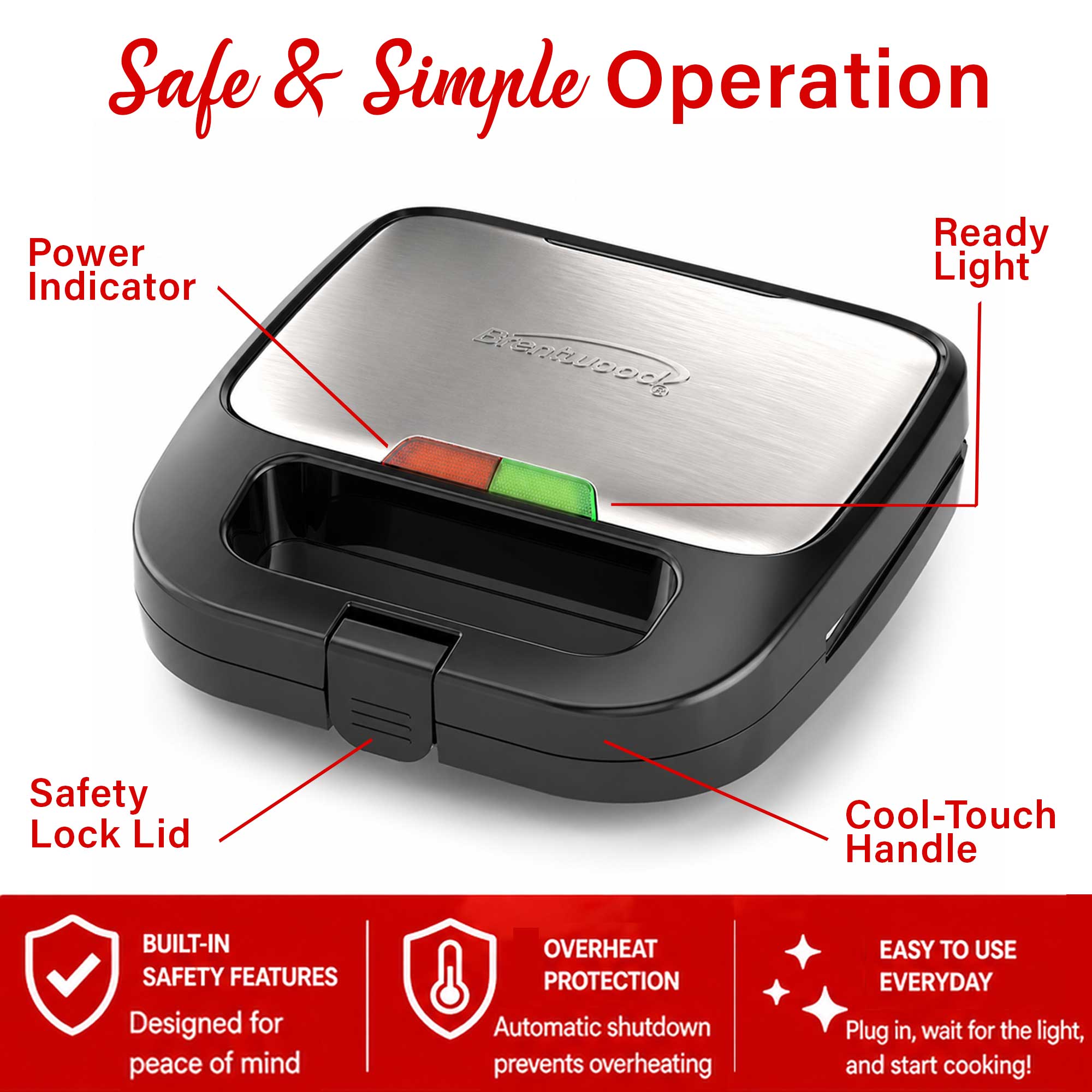 Coming Soon - Brentwood TS-241BK Electric Sealed Sandwich Maker Grill with PFAS-Free Nonstick Plates, Makes Stuffed French Toast, Omelets, Compact & Easy to Store, Black
