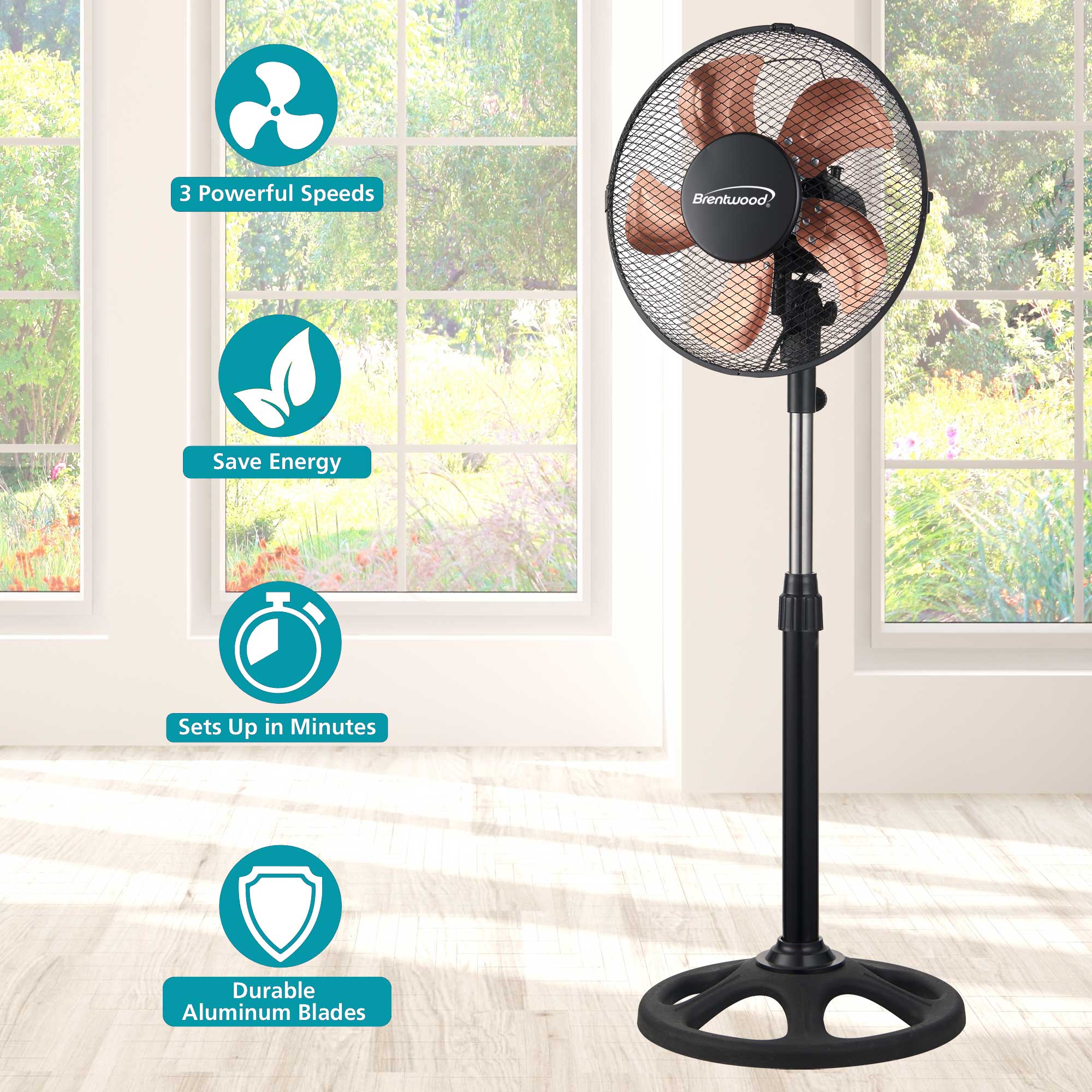 Brentwood F-12SMBK 3-Speed 12” Oscillating Stand Fan, Black