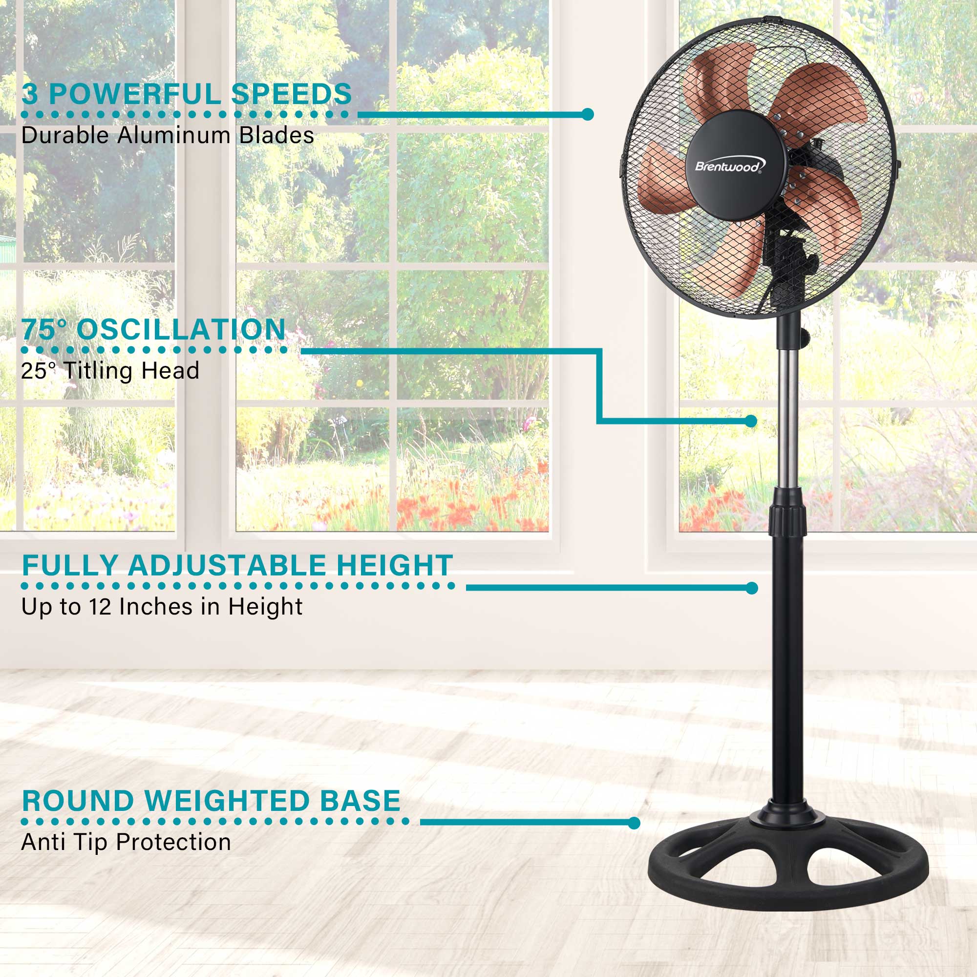 Brentwood F-12SMBK 3-Speed 12” Oscillating Stand Fan, Black