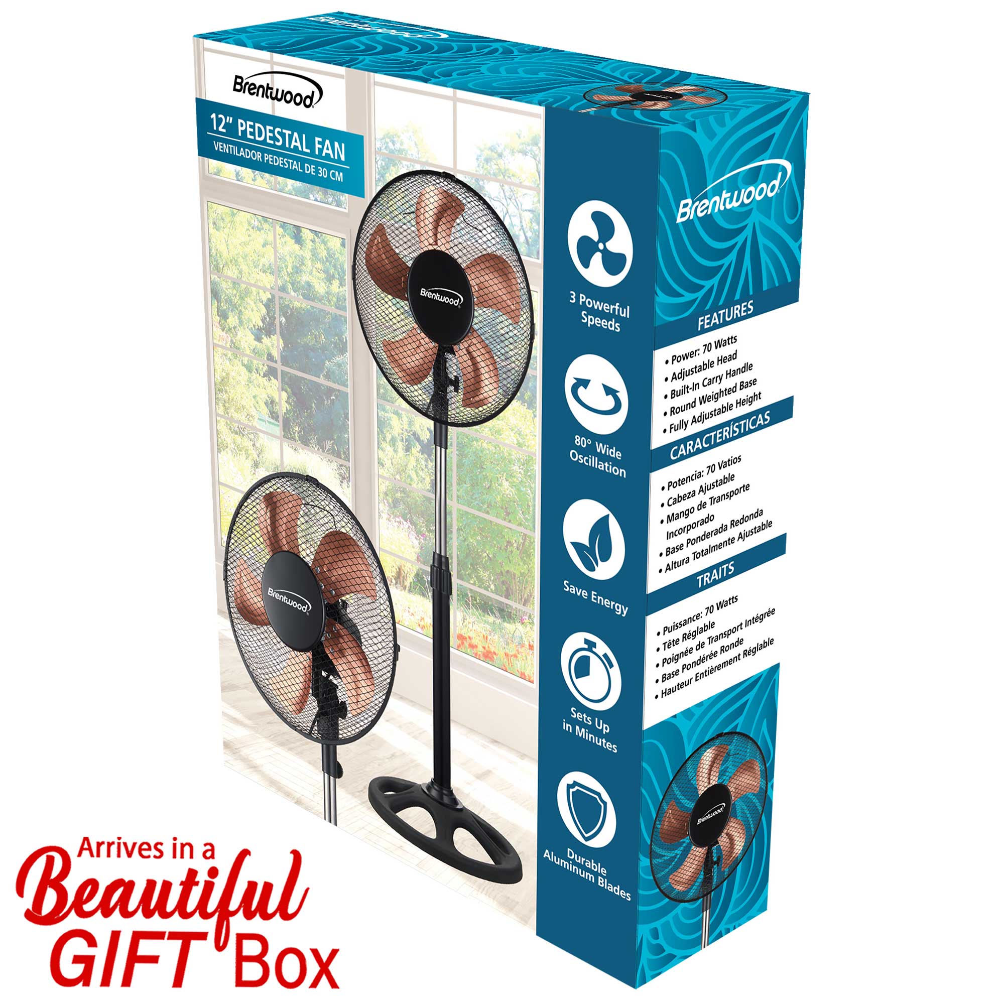 Brentwood F-12SMBK 3-Speed 12” Oscillating Stand Fan, Black