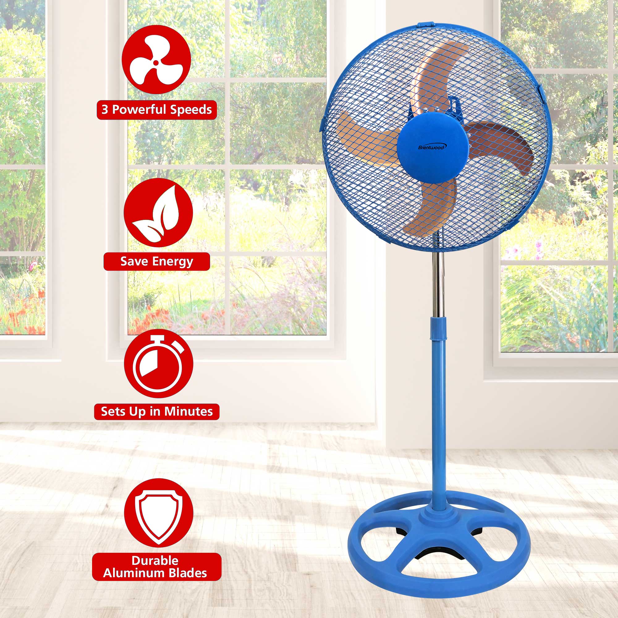Brentwood F-12SMBL 3-Speed 12” Oscillating Stand Fan, Blue