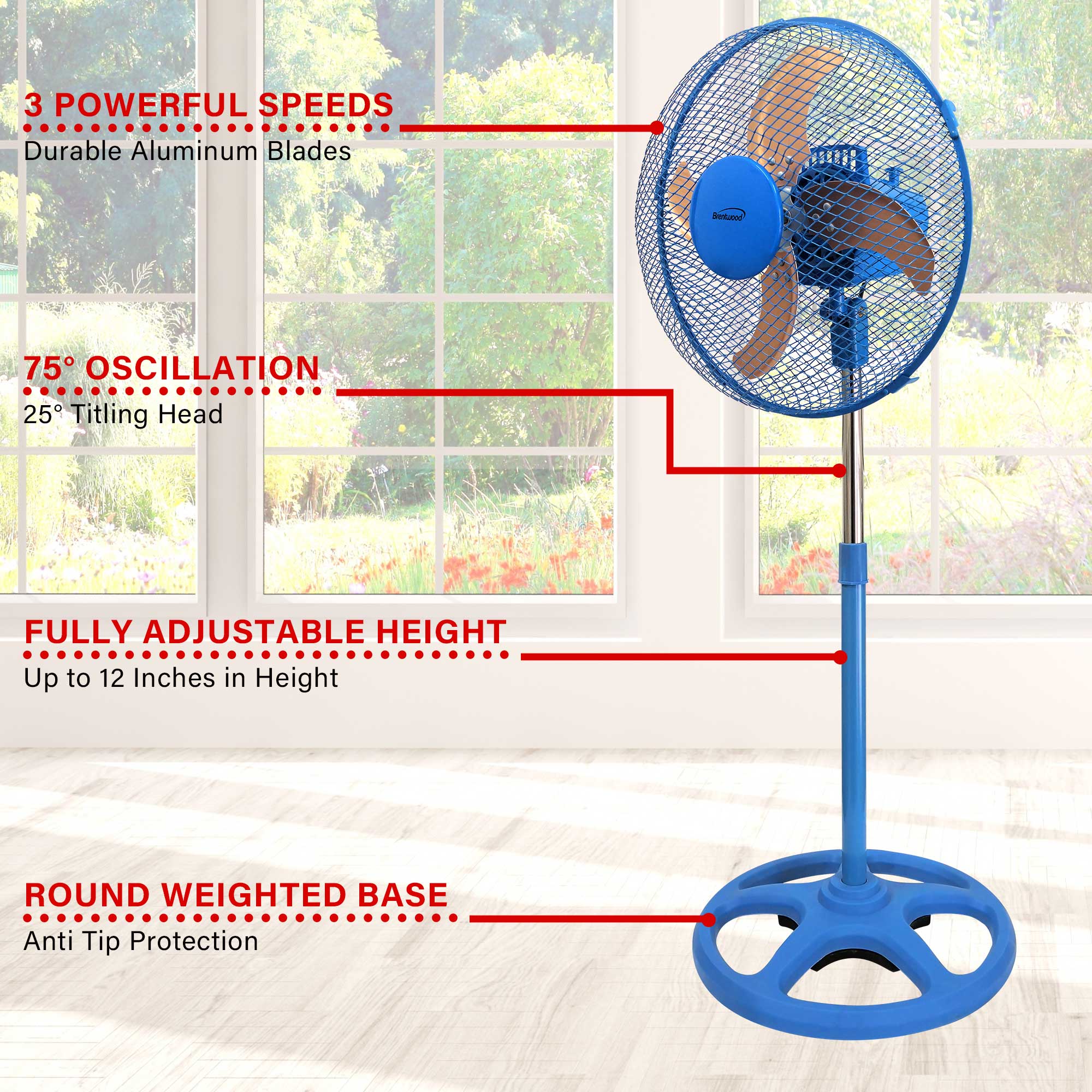 Brentwood F-12SMBL 3-Speed 12” Oscillating Stand Fan, Blue