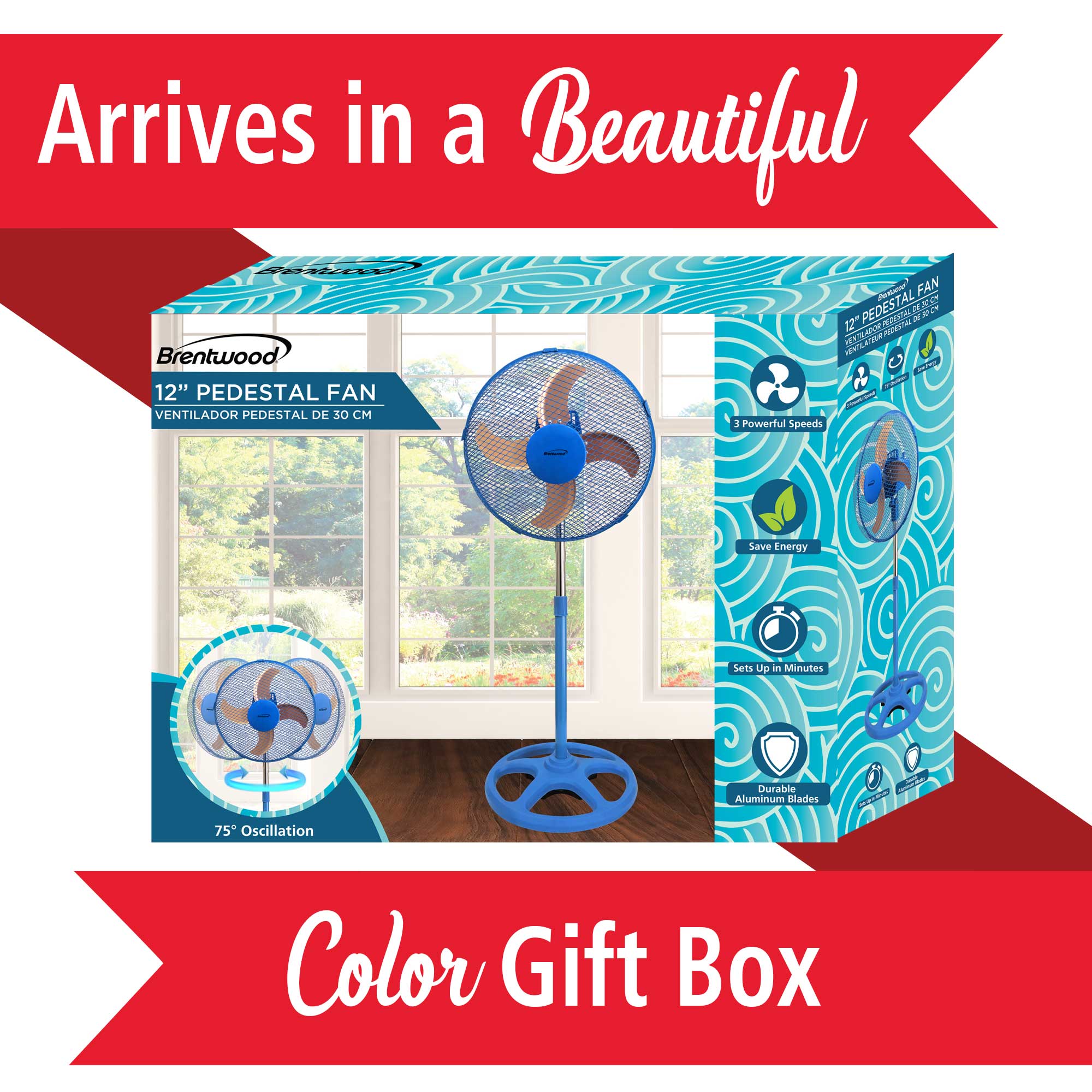 Brentwood F-12SMBL 3-Speed 12” Oscillating Stand Fan, Blue