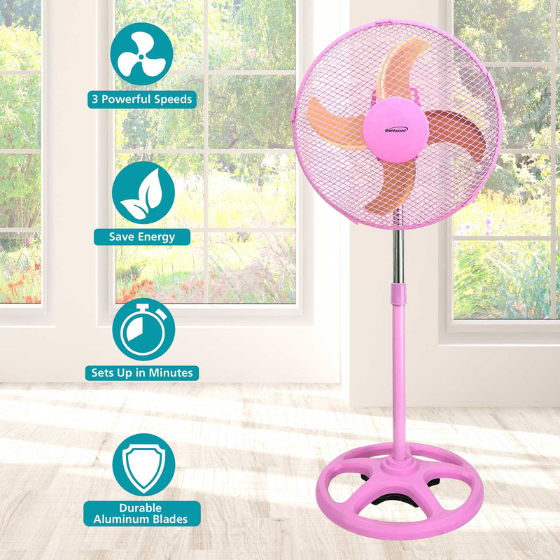 Brentwood F-12SMPK 3-Speed 12” Oscillating Stand Fan, Pink
