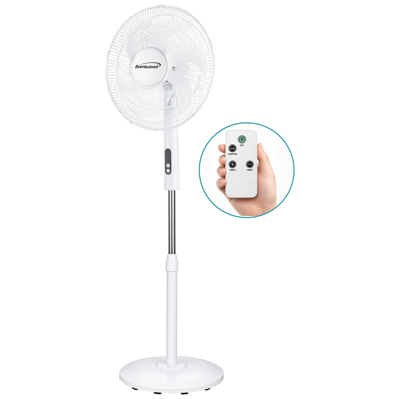 Brentwood F-16RSW 16” Oscillating Stand Fan with Remote, 3 Quiet Speeds, 8hr Timer, Adjustable Height, Tilting Head, White