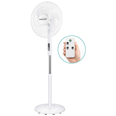 Brentwood F-16RSW 16” Oscillating Stand Fan with Remote, 3 Quiet Speeds, 8hr Timer, Adjustable Height, Tilting Head, White