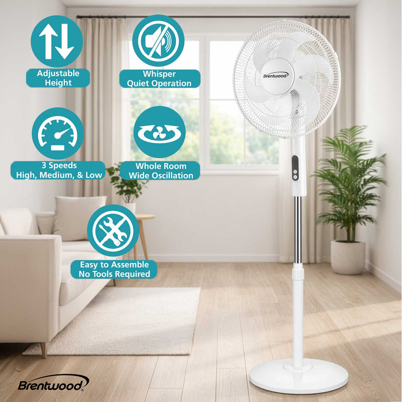 Brentwood F-16RSW 16” Oscillating Stand Fan with Remote, 3 Quiet Speeds, 8hr Timer, Adjustable Height, Tilting Head, White