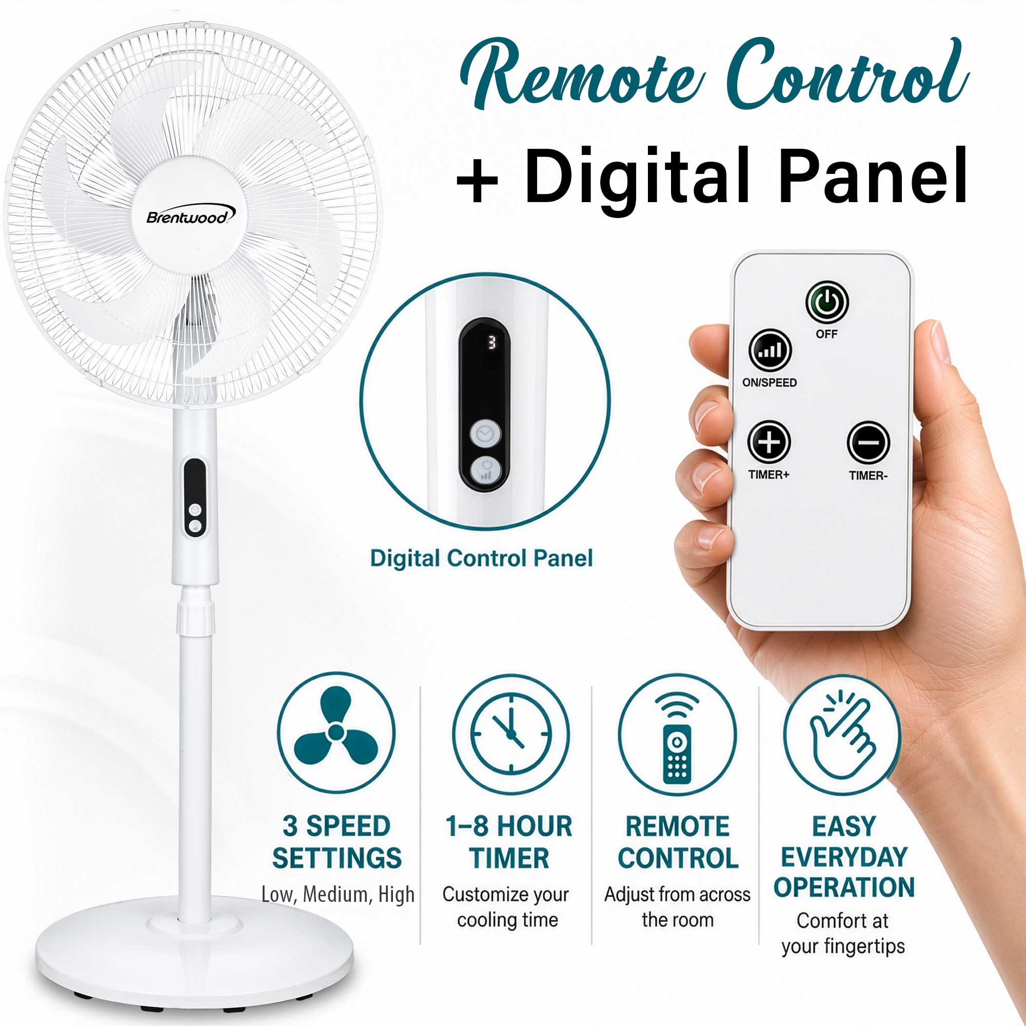 Brentwood F-16RSW 16” Oscillating Stand Fan with Remote, 3 Quiet Speeds, 8hr Timer, Adjustable Height, Tilting Head, White