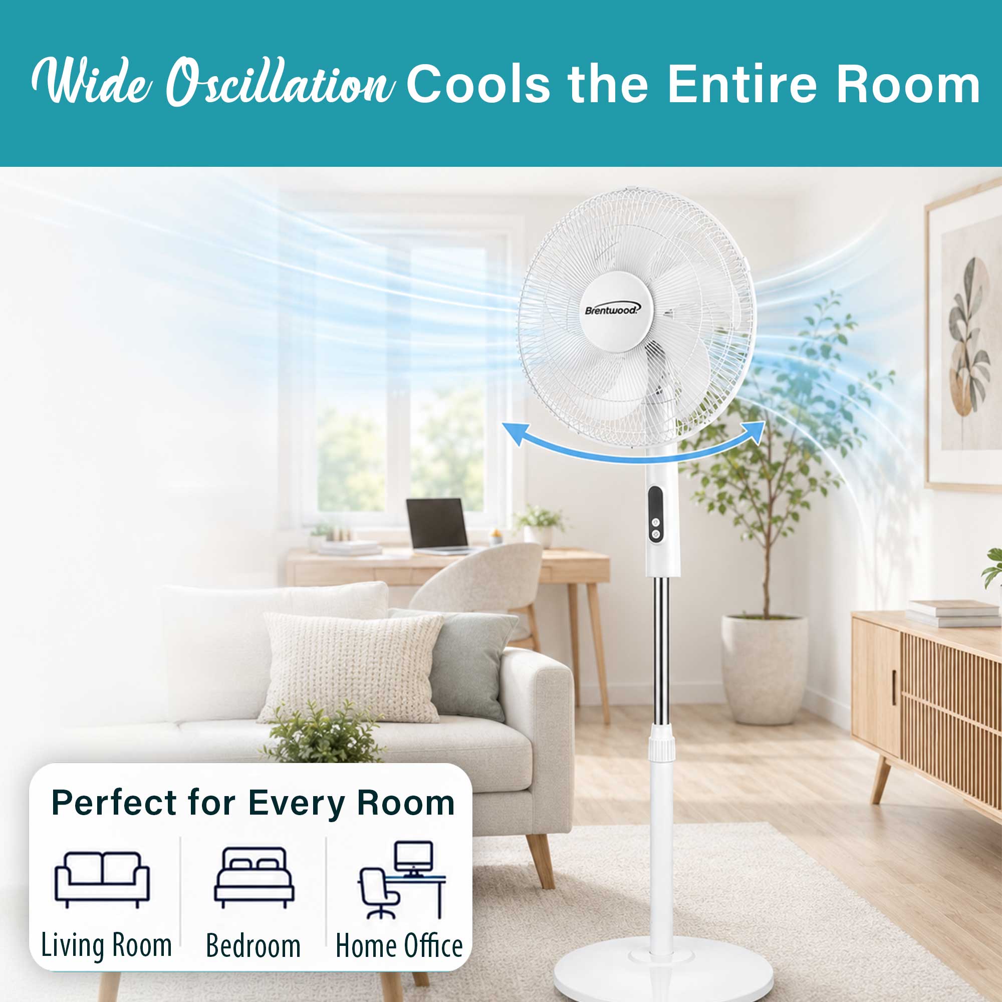 Brentwood F-16RSW 16” Oscillating Stand Fan with Remote, 3 Quiet Speeds, 8hr Timer, Adjustable Height, Tilting Head, White