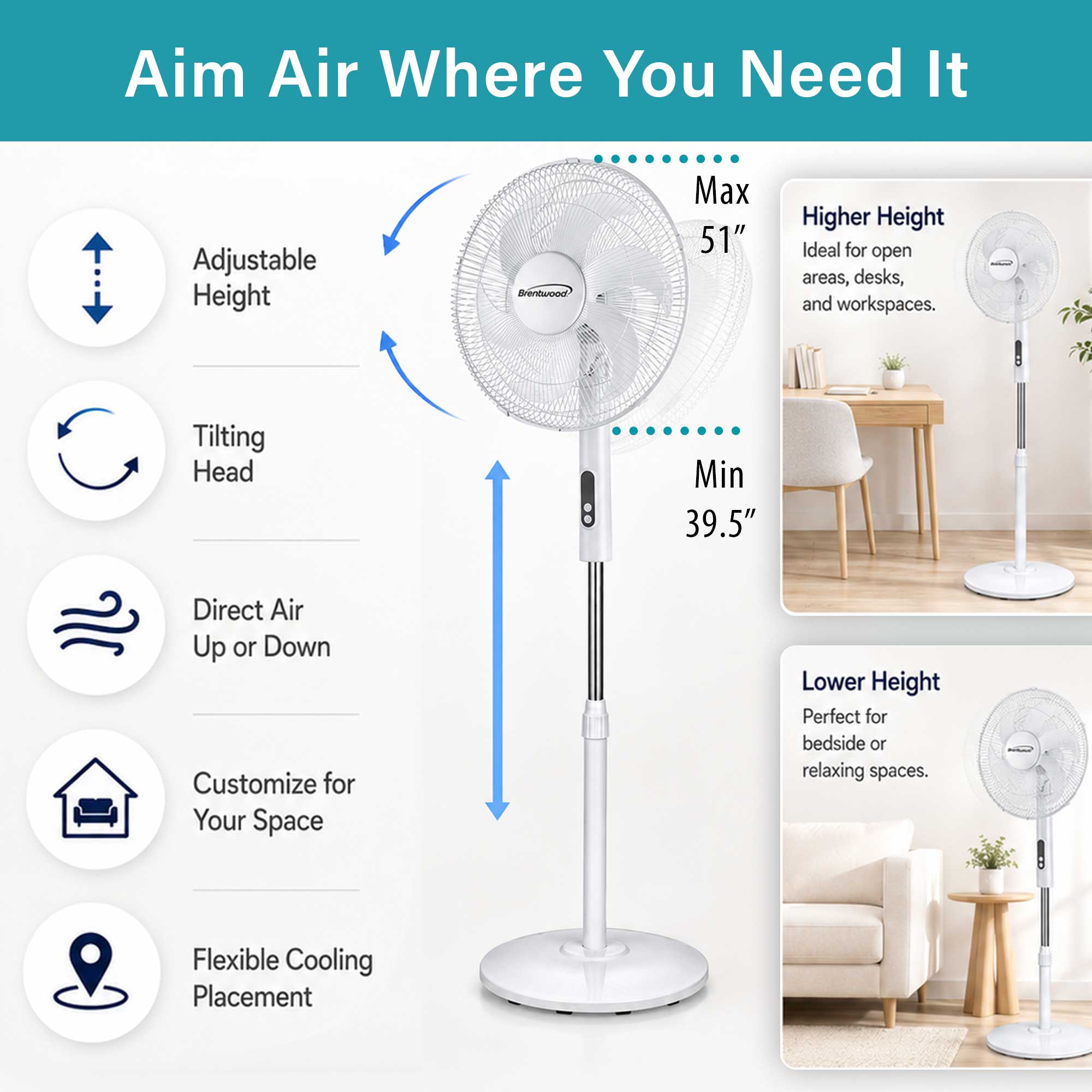 Brentwood F-16RSW 16” Oscillating Stand Fan with Remote, 3 Quiet Speeds, 8hr Timer, Adjustable Height, Tilting Head, White
