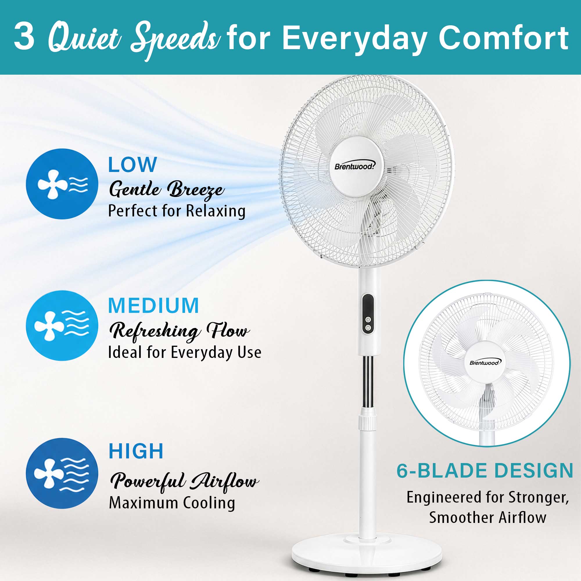 Brentwood F-16RSW 16” Oscillating Stand Fan with Remote, 3 Quiet Speeds, 8hr Timer, Adjustable Height, Tilting Head, White