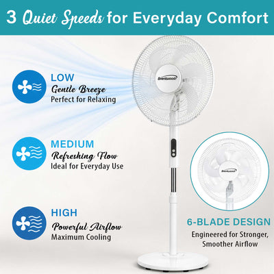 Brentwood F-16RSW 16” Oscillating Stand Fan with Remote, 3 Quiet Speeds, 8hr Timer, Adjustable Height, Tilting Head, White