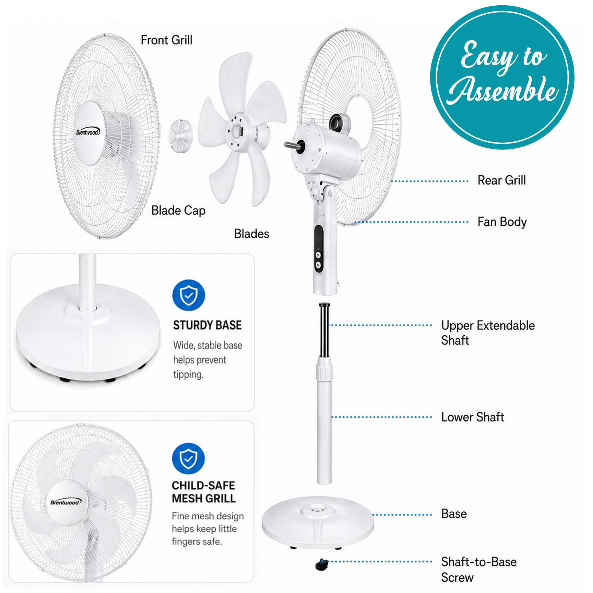 Brentwood F-16RSW 16” Oscillating Stand Fan with Remote, 3 Quiet Speeds, 8hr Timer, Adjustable Height, Tilting Head, White