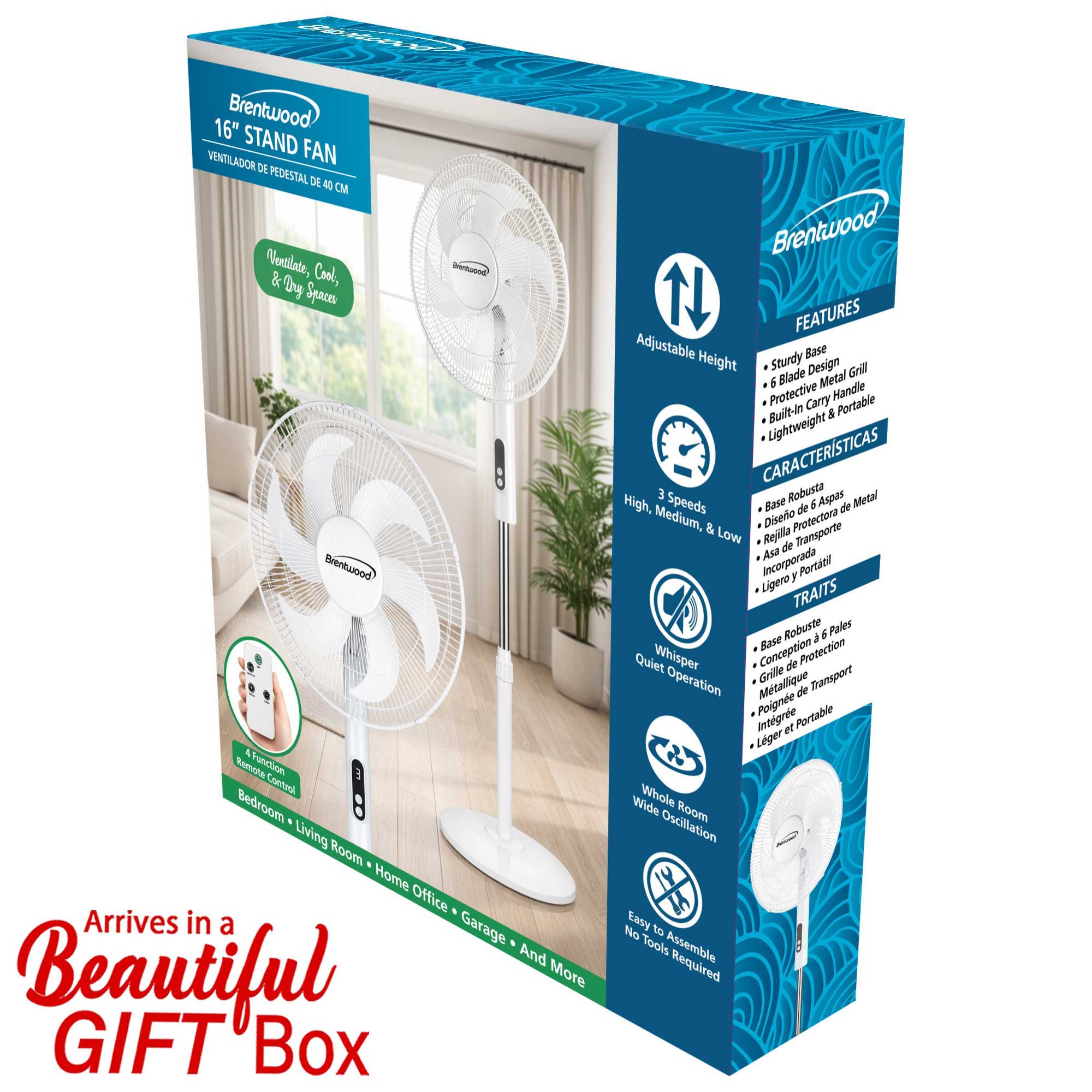 Brentwood F-16RSW 16” Oscillating Stand Fan with Remote, 3 Quiet Speeds, 8hr Timer, Adjustable Height, Tilting Head, White