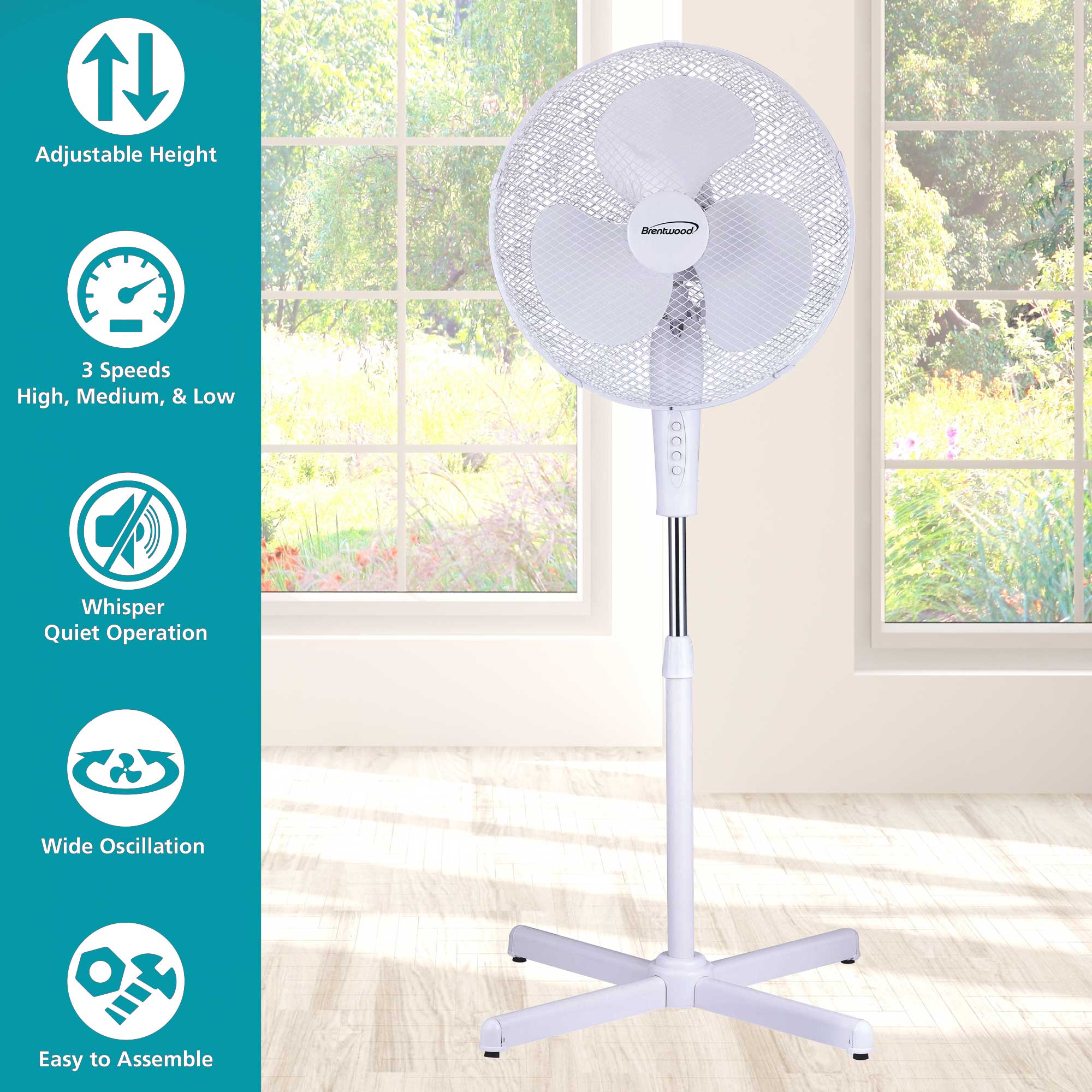 Brentwood Kool Zone F-16SMW 3-Speed 16” Oscillating Stand Fan, White