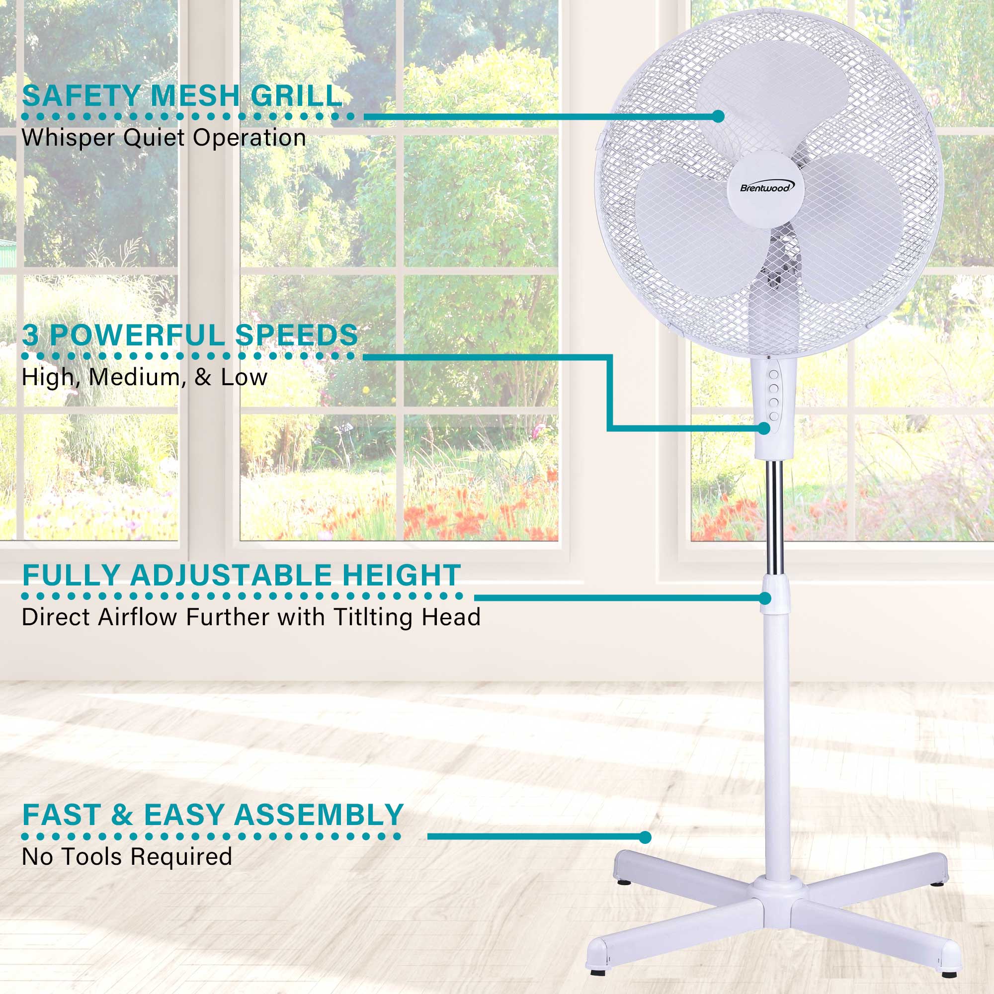Brentwood Kool Zone F-16SMW 3-Speed 16” Oscillating Stand Fan, White