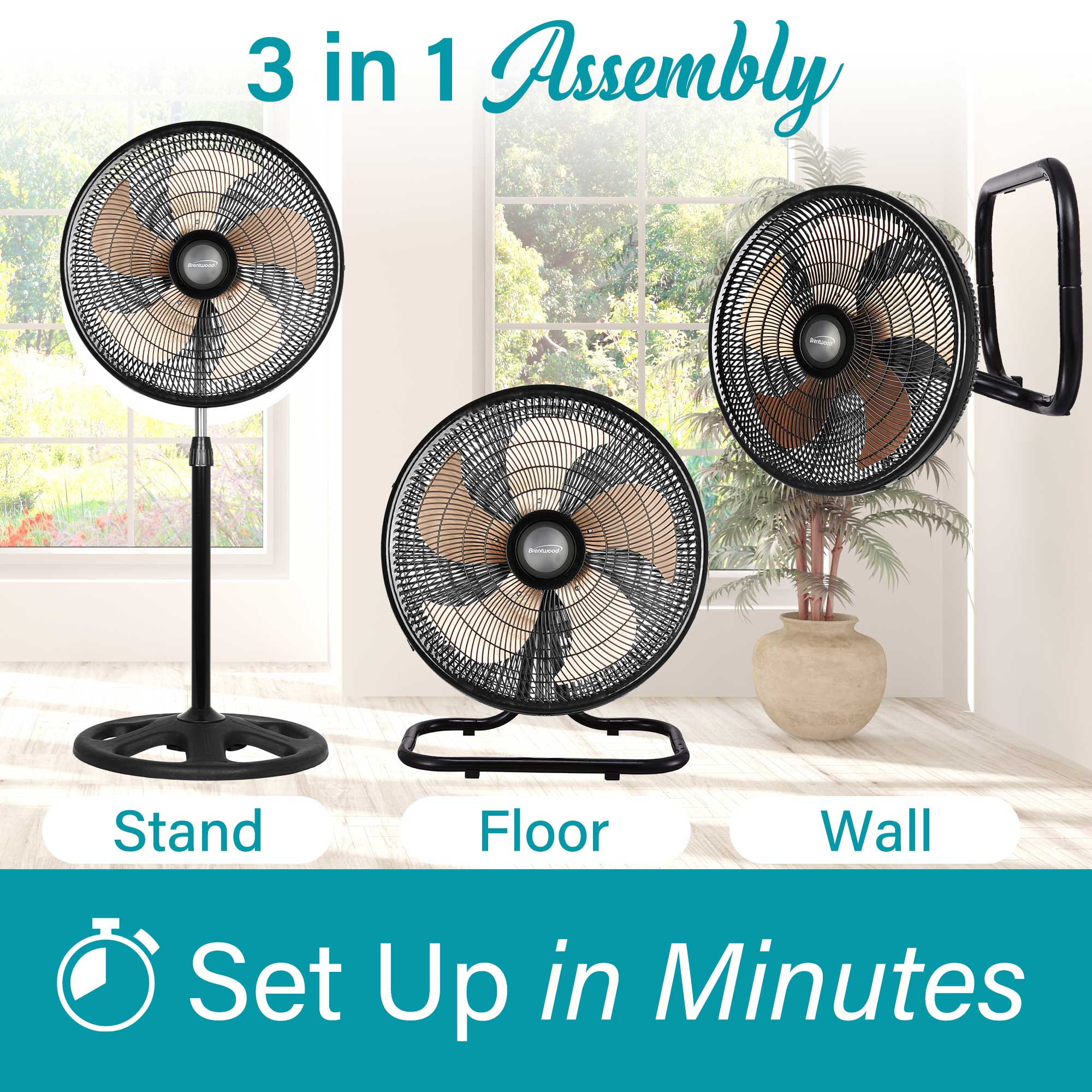 Brentwood Kool Zone F-18360BK 3in1 3-Speed 18” Industrial Fan, Black