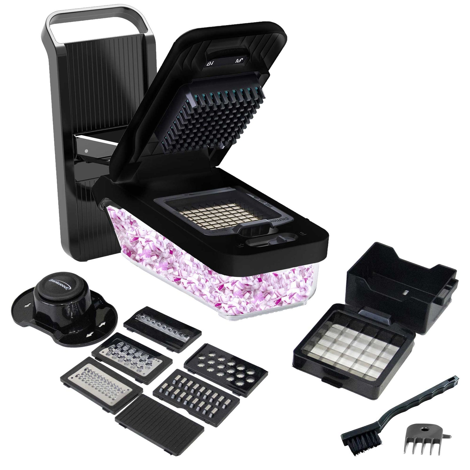 Brentwood KA-5026BK All-in-One Food & Vegetable Chopper, Mandoline Slicer, and Cheese Grater with 4.25-Cup Storage Container and 8 Interchangeable Stainless Steel Blades, Black