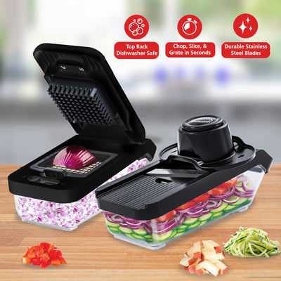 Brentwood KA-5026BK All-in-One Food & Vegetable Chopper, Mandoline Slicer, and Cheese Grater with 4.25-Cup Storage Container and 8 Interchangeable Stainless Steel Blades, Black