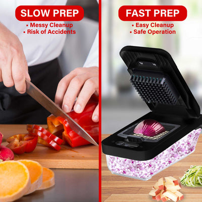 Brentwood KA-5026BK All-in-One Food & Vegetable Chopper, Mandoline Slicer, and Cheese Grater with 4.25-Cup Storage Container and 8 Interchangeable Stainless Steel Blades, Black