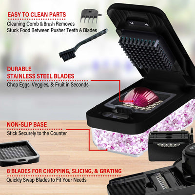 Brentwood KA-5026BK All-in-One Food & Vegetable Chopper, Mandoline Slicer, and Cheese Grater with 4.25-Cup Storage Container and 8 Interchangeable Stainless Steel Blades, Black