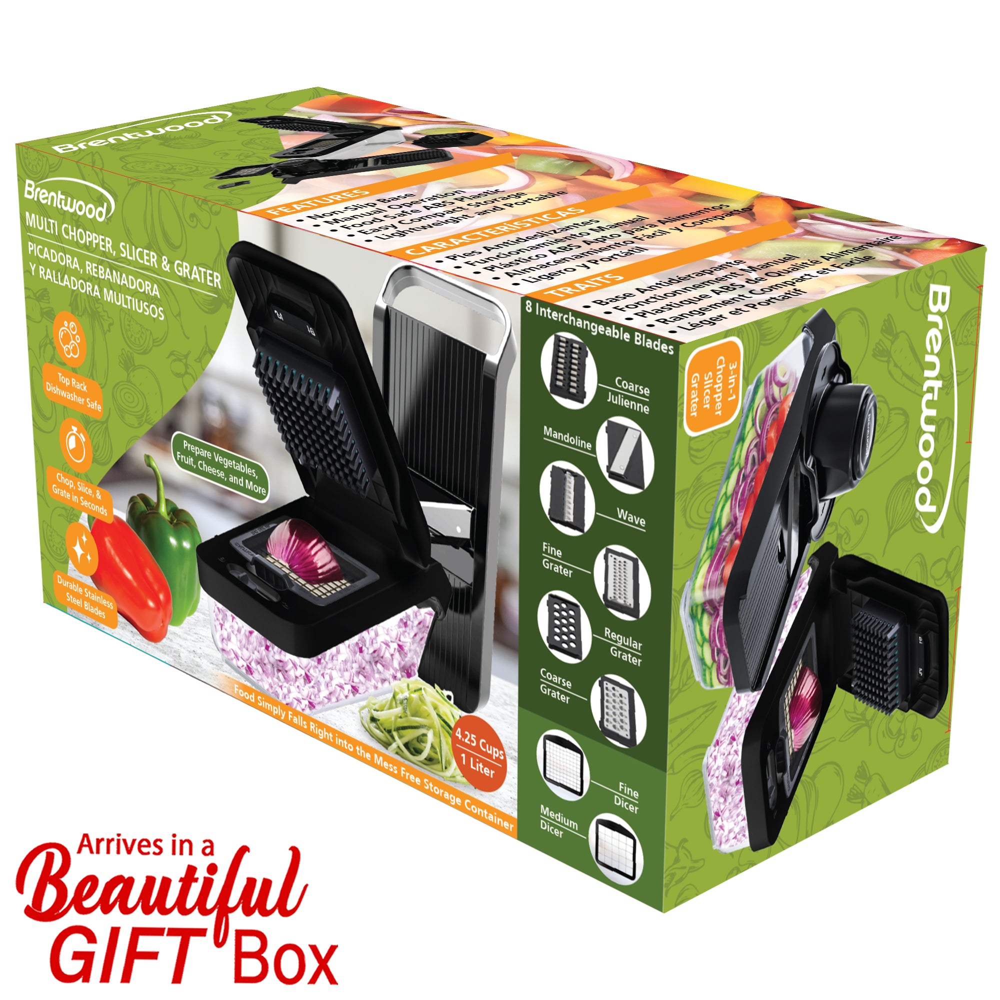 Brentwood KA-5026BK All-in-One Food & Vegetable Chopper, Mandoline Slicer, and Cheese Grater with 4.25-Cup Storage Container and 8 Interchangeable Stainless Steel Blades, Black