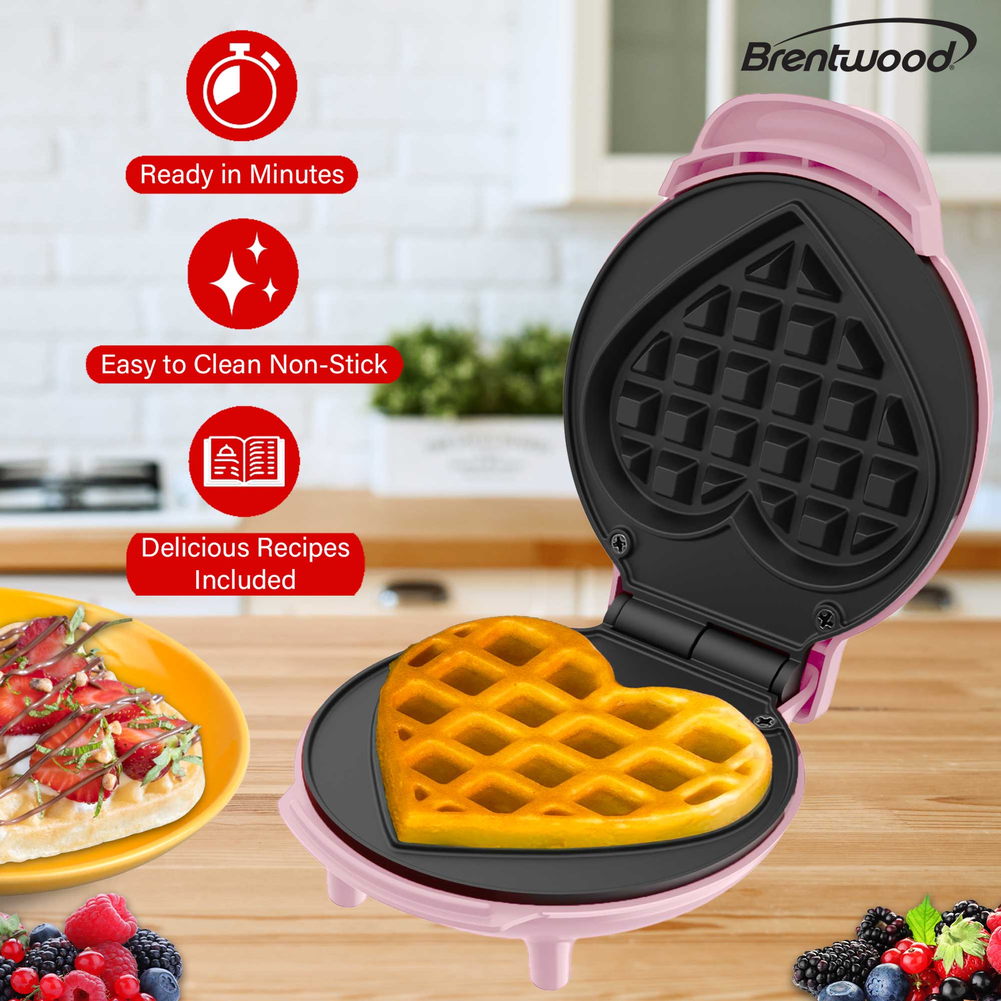 Brentwood TS-2144PK Non-Stick 4” Mini Maker for Waffles, Keto Chaffles, Hash Browns, and More, Heart, Pink