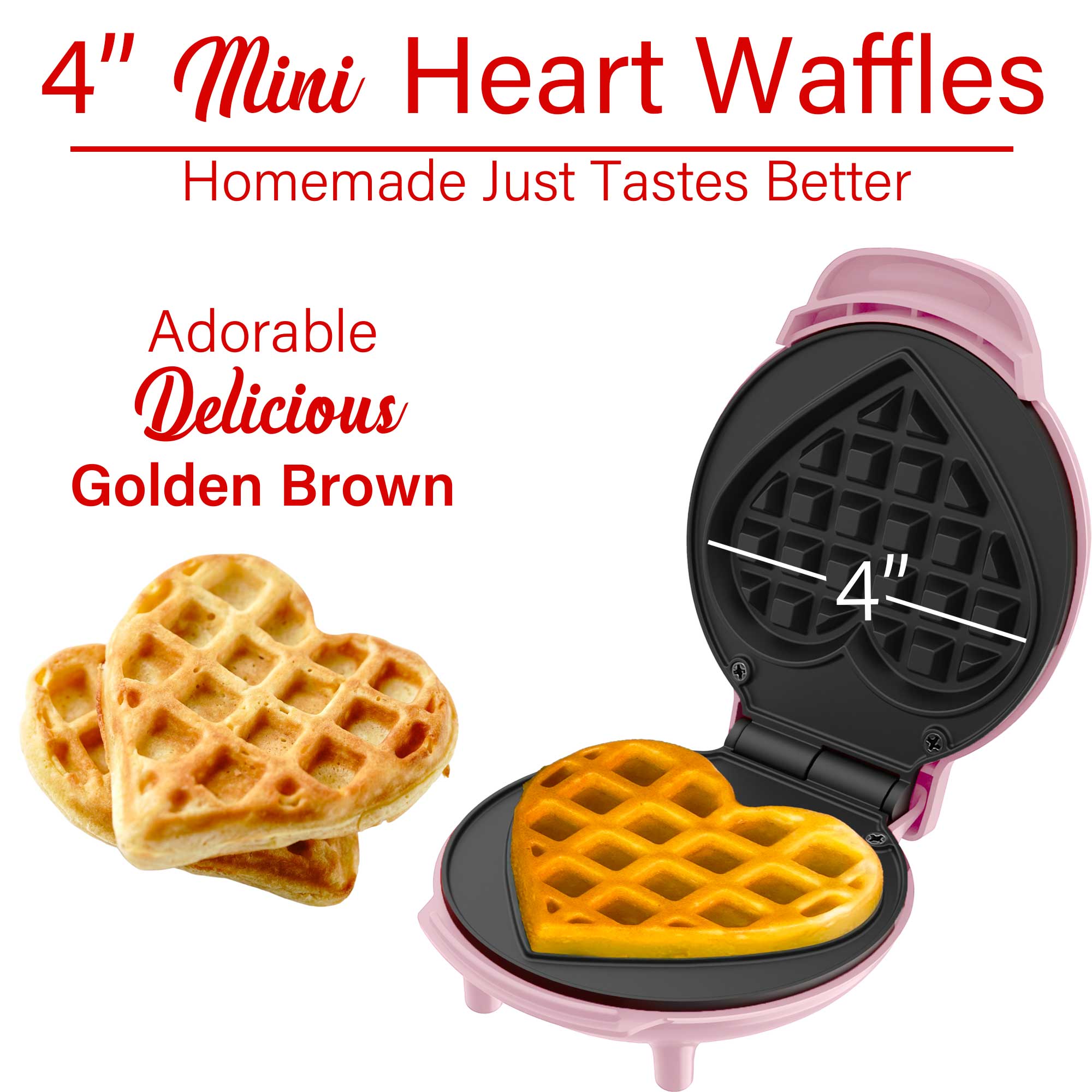 Brentwood TS-2144PK Non-Stick 4” Mini Maker for Waffles, Keto Chaffles, Hash Browns, and More, Heart, Pink