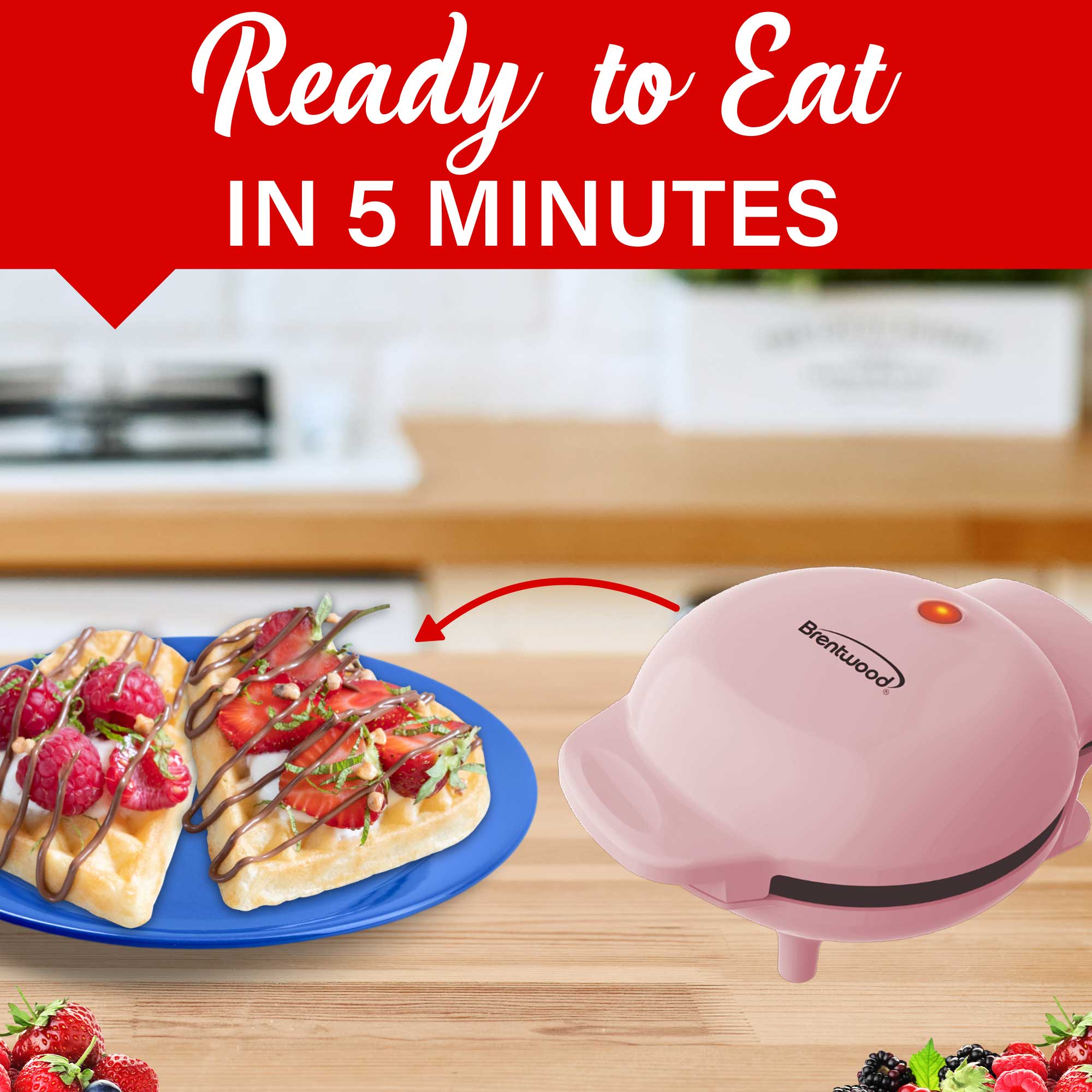 Brentwood TS-2144PK Non-Stick 4” Mini Maker for Waffles, Keto Chaffles, Hash Browns, and More, Heart, Pink