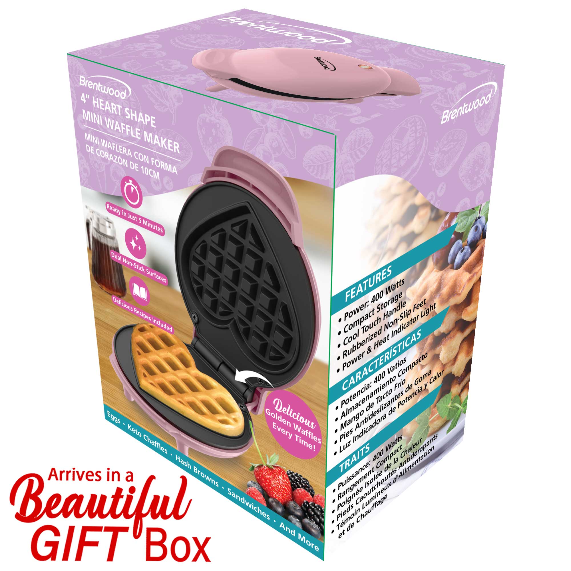 Brentwood TS-2144PK Non-Stick 4” Mini Maker for Waffles, Keto Chaffles, Hash Browns, and More, Heart, Pink