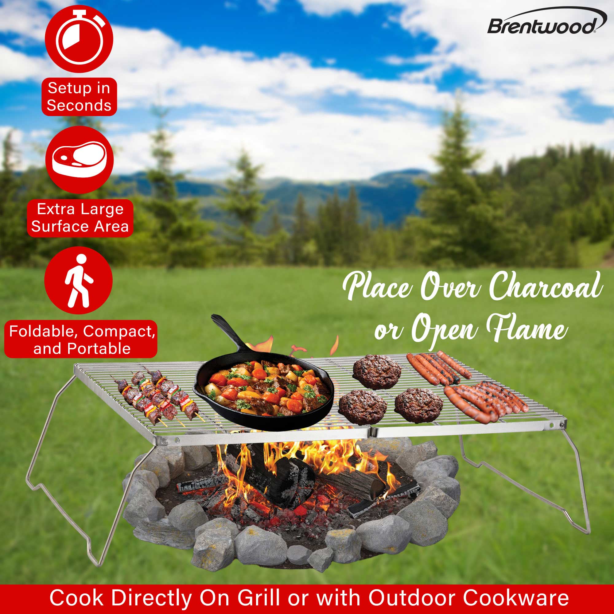 Brentwood BB-17X25SS 25” x 17” Heavy Duty Stainless Steel Portable Folding Campfire Grill with Carry Bag