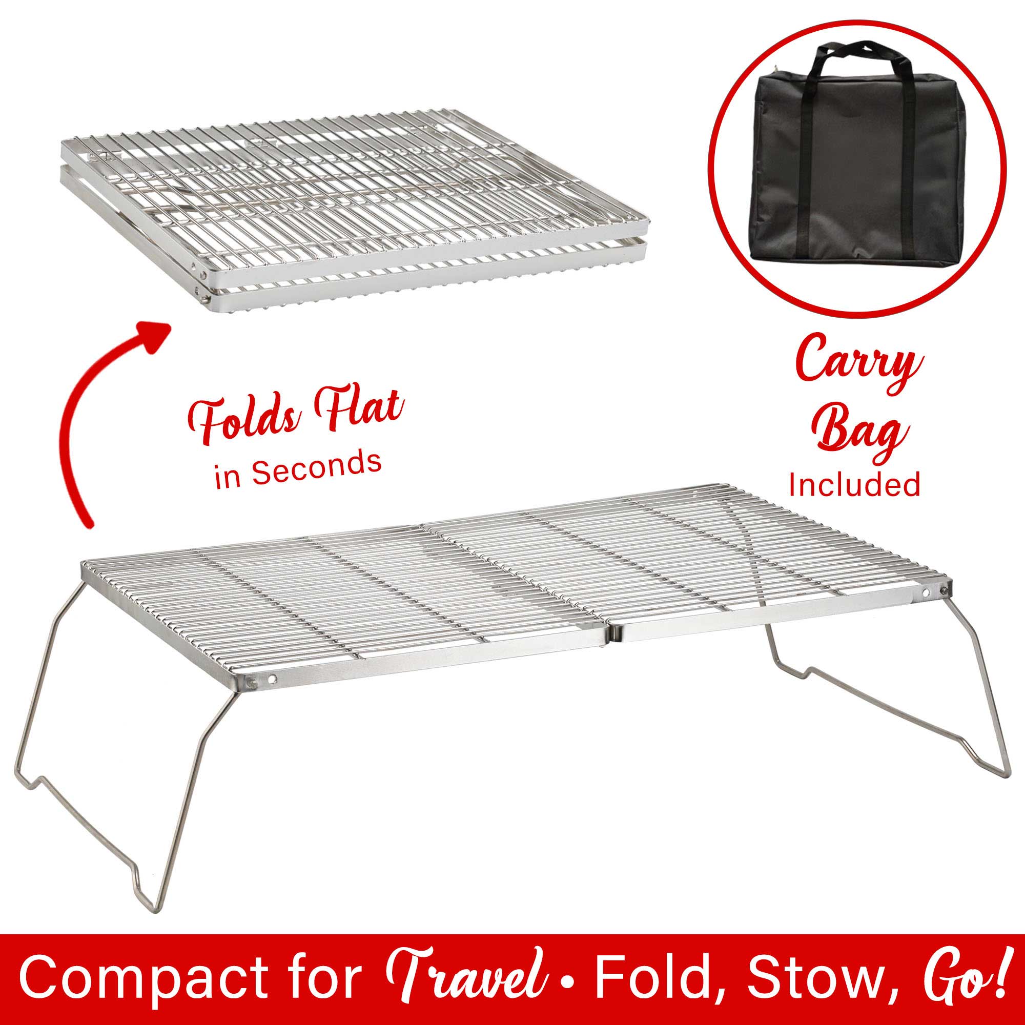 Brentwood BB-17X25SS 25” x 17” Heavy Duty Stainless Steel Portable Folding Campfire Grill with Carry Bag