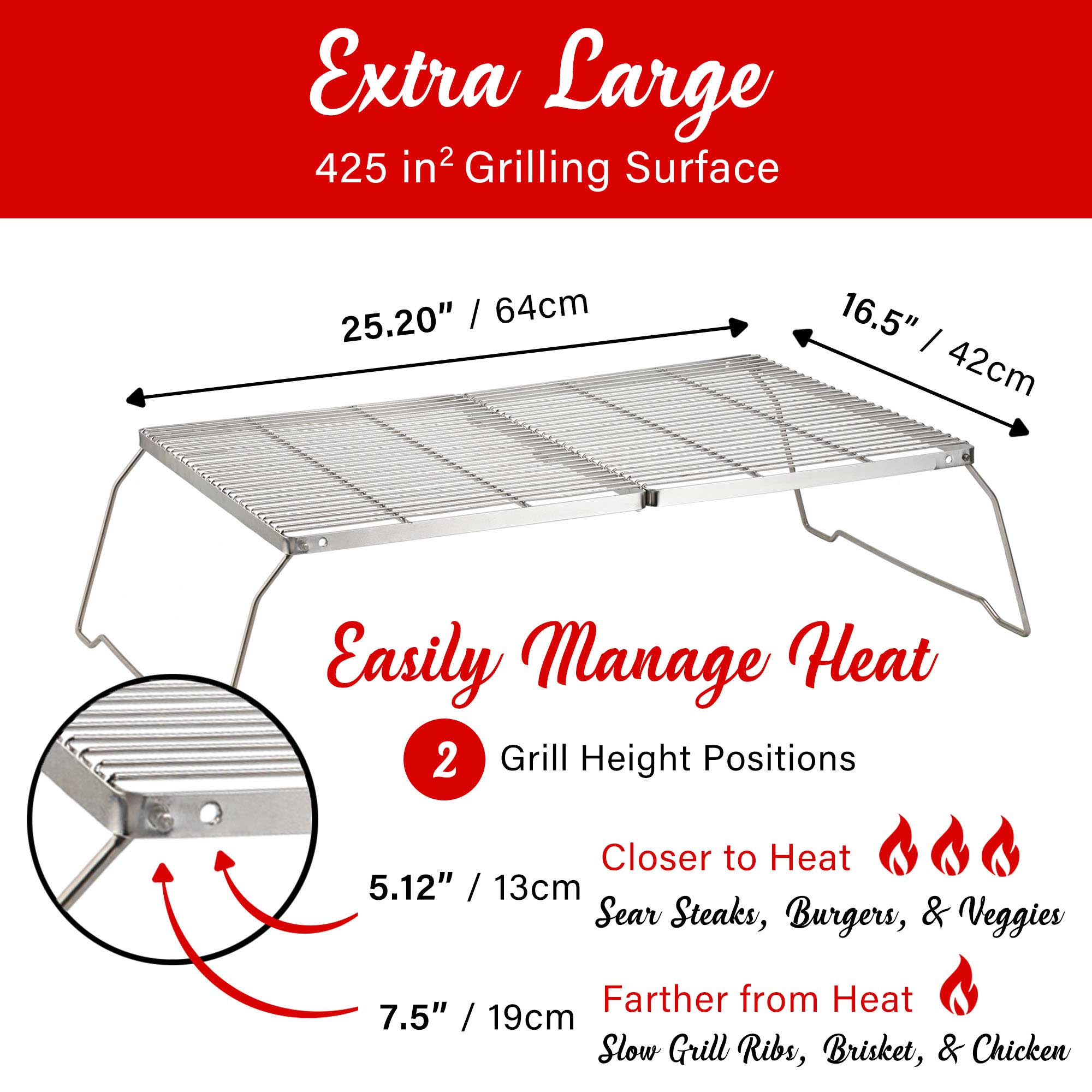 Brentwood BB-17X25SS 25” x 17” Heavy Duty Stainless Steel Portable Folding Campfire Grill with Carry Bag