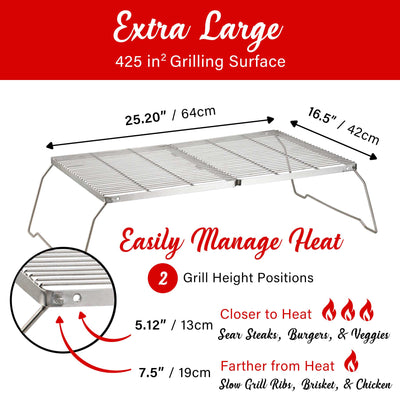 Brentwood BB-17X25SS 25” x 17” Heavy Duty Stainless Steel Portable Folding Campfire Grill with Carry Bag